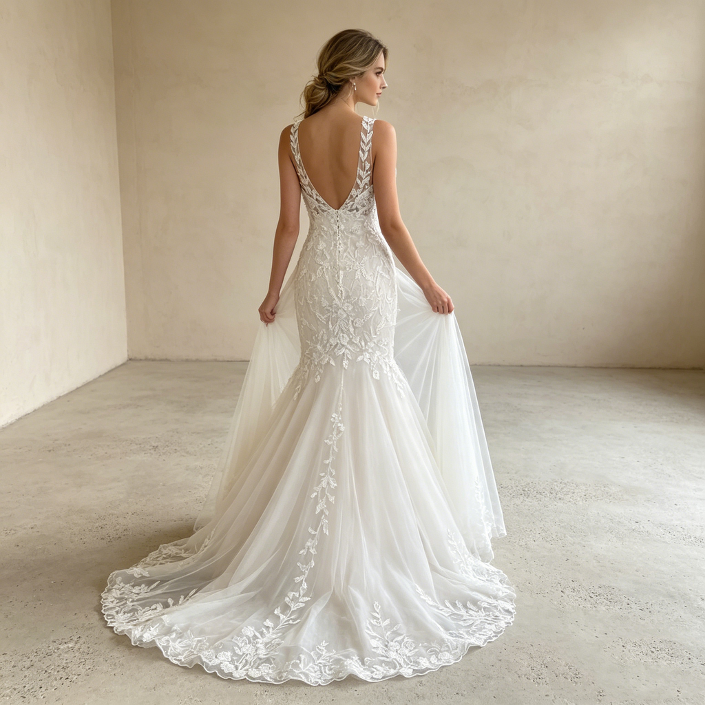 Sinnliche Eleganz in White-Nude: Figurbetontes Halter-Kleid im Mermaid-Stil