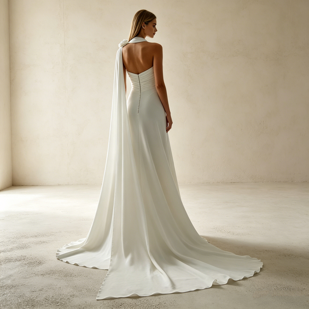 Elegantes One-Shoulder Abendkleid mit Cape-Detail – Bodenlanges Maxikleid in Elfenbein mit edler Drapierung