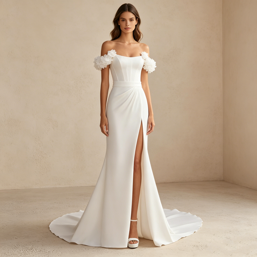 Elegantes Off-Shoulder Abendkleid mit 3D-Blumen und Beinschlitz | Maßanfertigung