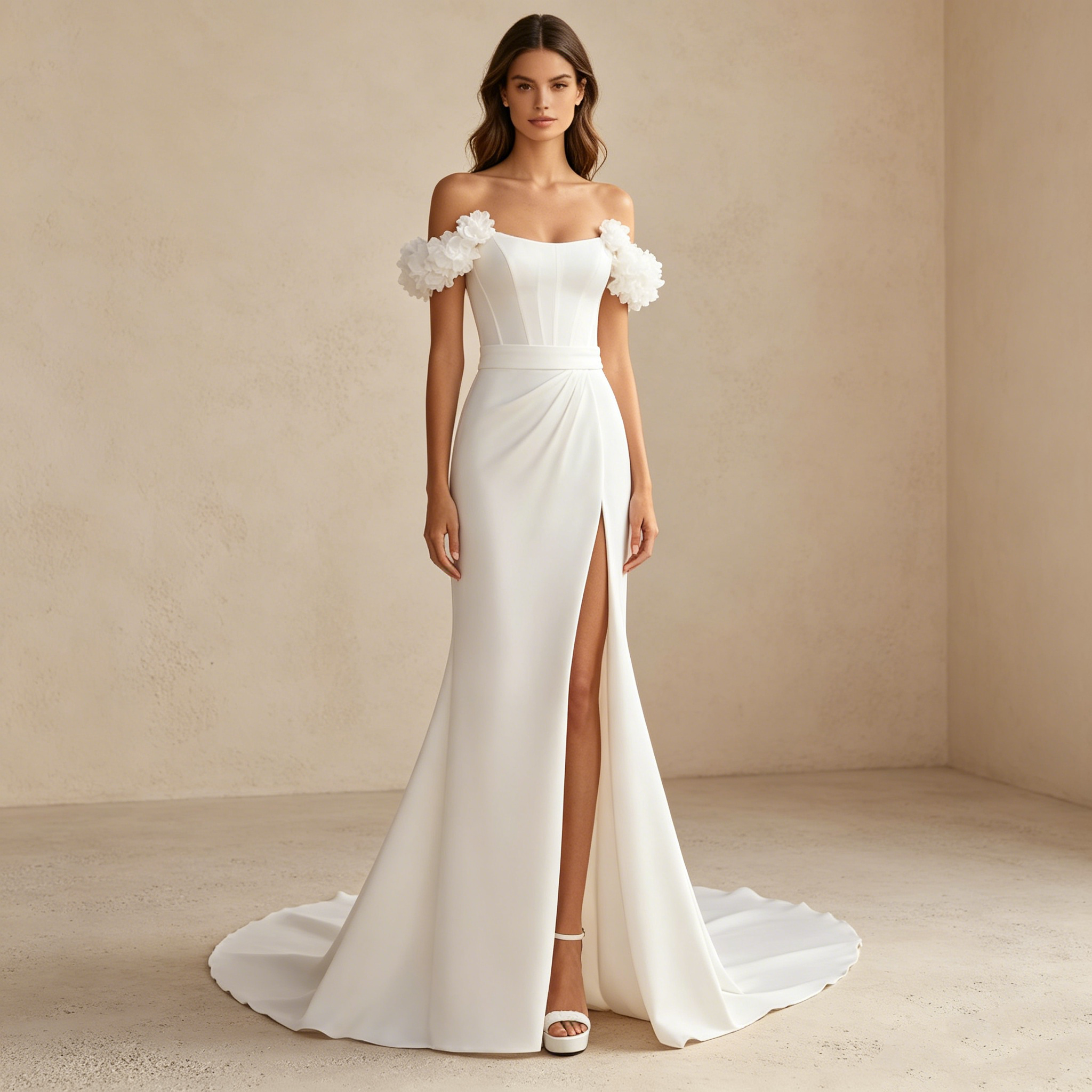 Elegantes Off-Shoulder Abendkleid mit 3D-Blumen und Beinschlitz | Maßanfertigung