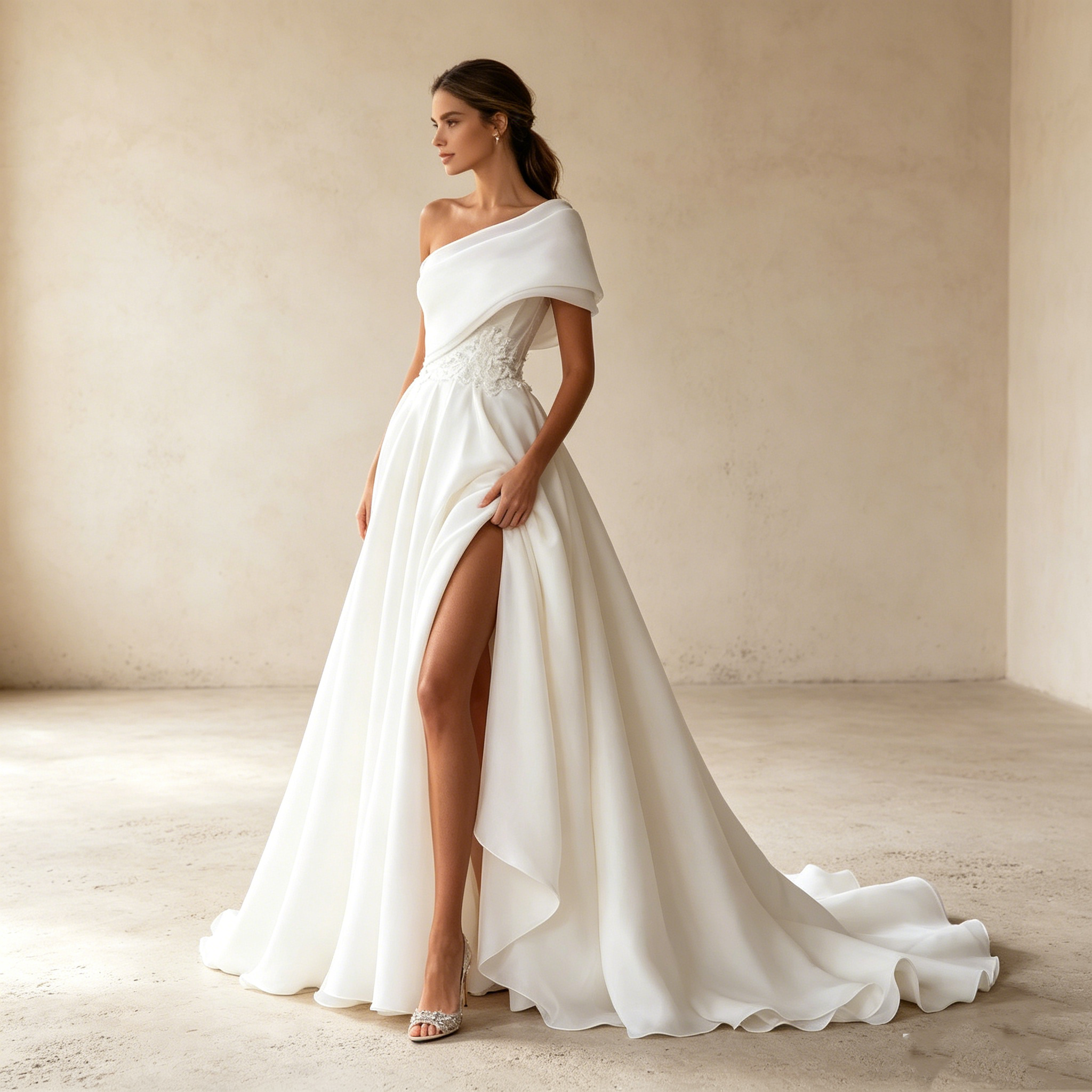 Moderne Göttin in Weiß: Elegante One-Shoulder-Robe aus Organza mit filigraner Spitze und feiner Schleppe.