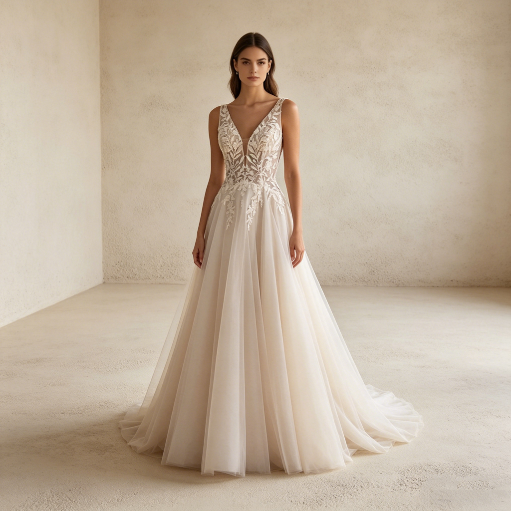 Elegantes Abendkleid mit V-Ausschnitt und Stickerei – Bodenlanges A-Linien Maxikleid aus Tüll in Elfenbein