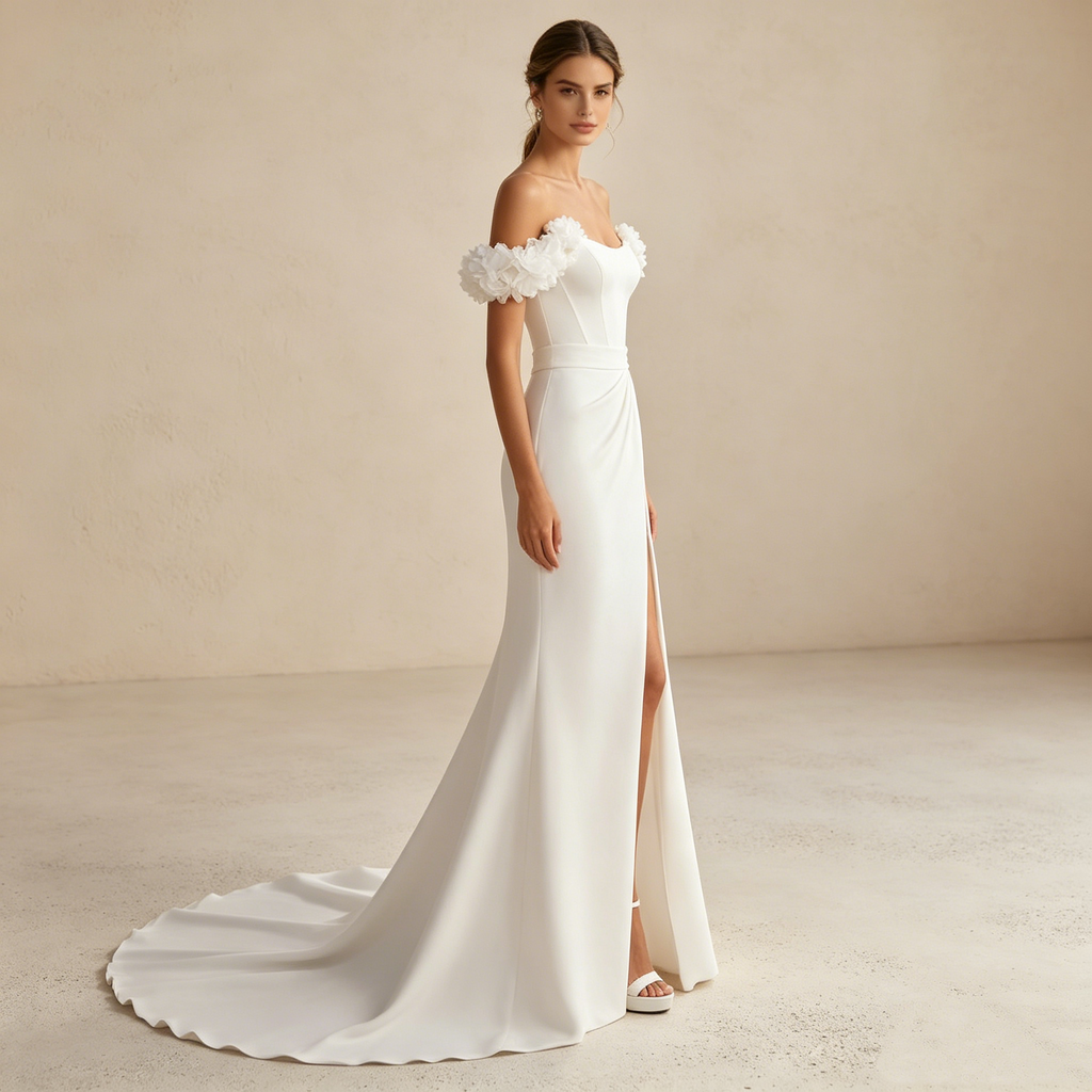 Elegantes Off-Shoulder Abendkleid mit 3D-Blumen und Beinschlitz | Maßanfertigung