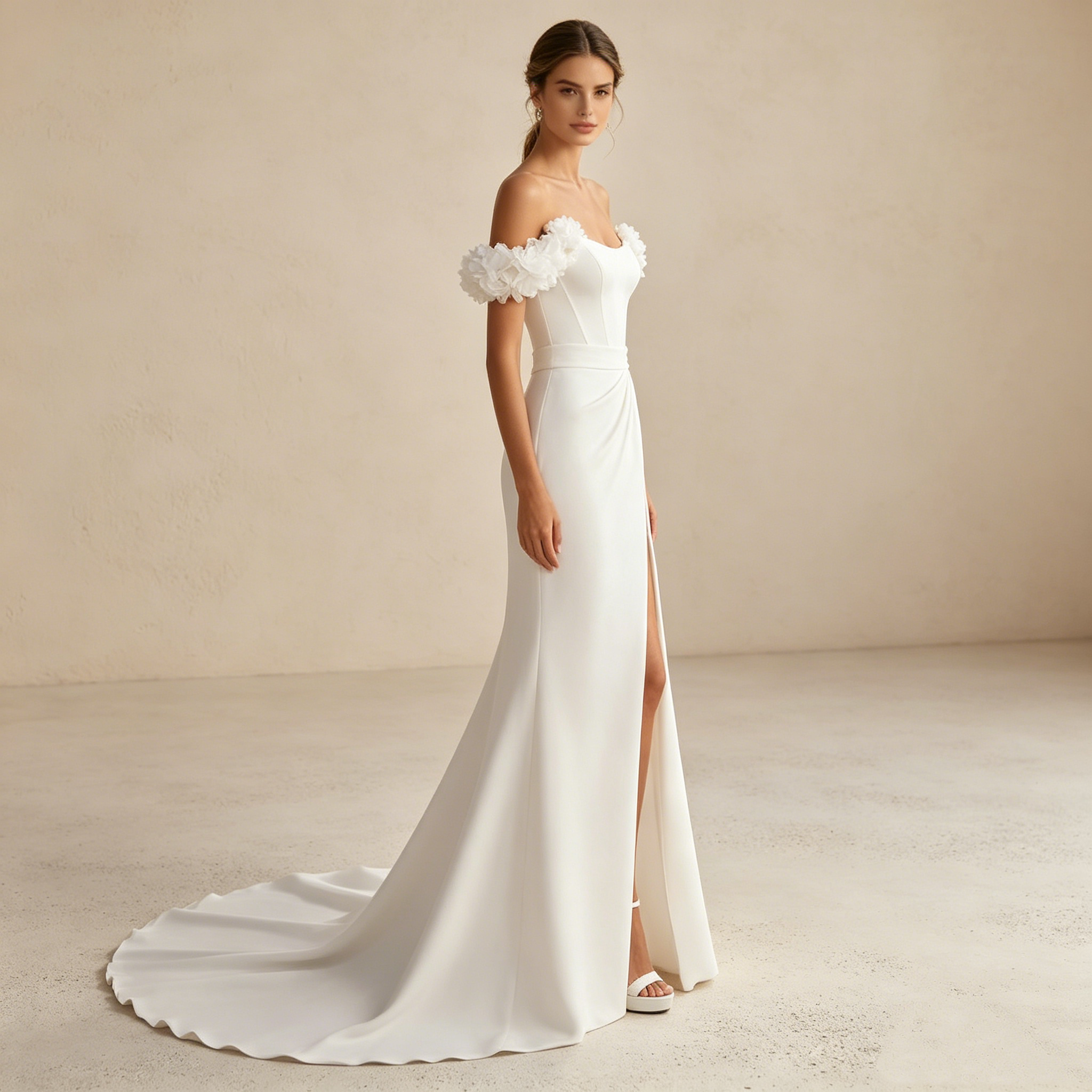 Elegantes Off-Shoulder Abendkleid mit 3D-Blumen und Beinschlitz | Maßanfertigung