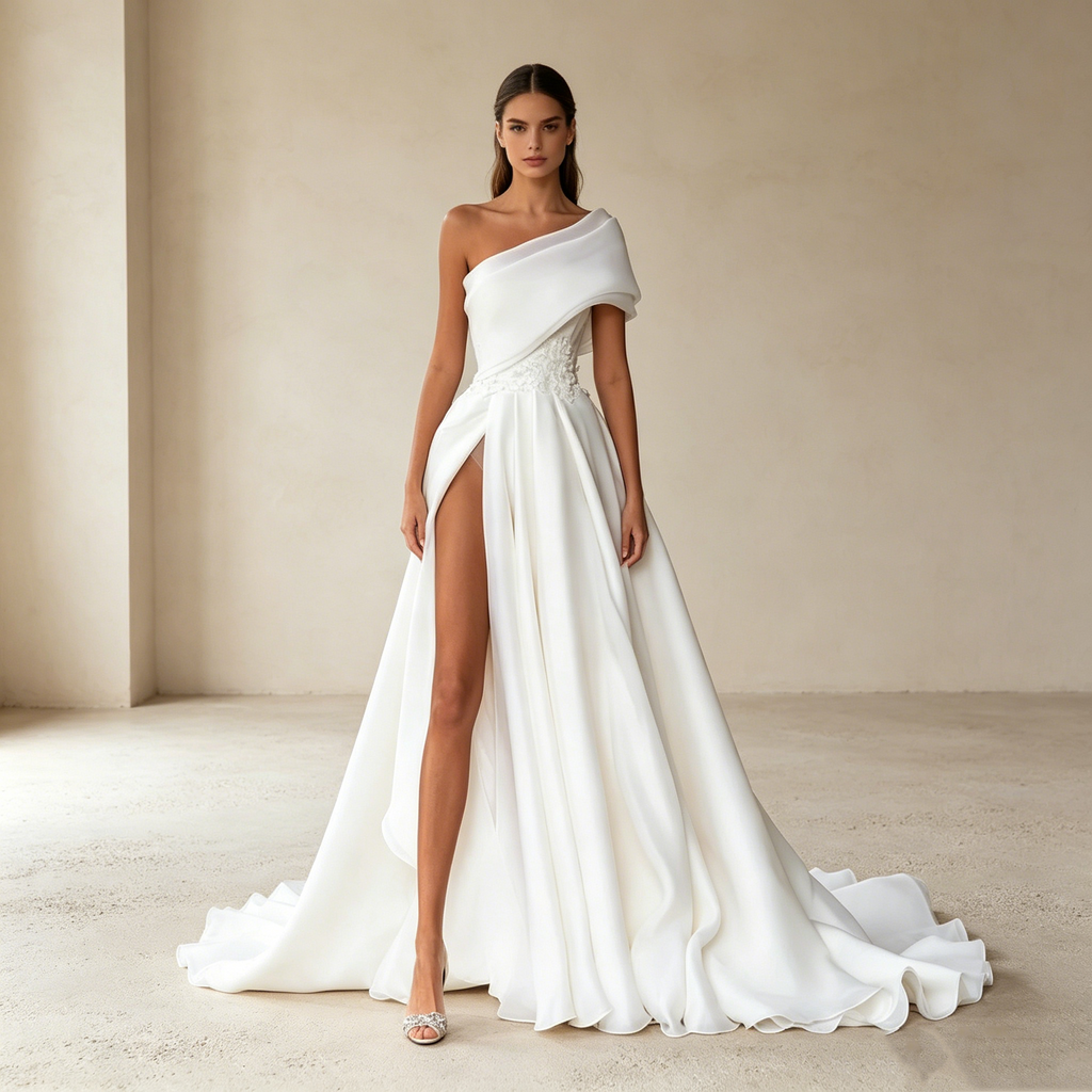 Moderne Göttin in Weiß: Elegante One-Shoulder-Robe aus Organza mit filigraner Spitze und feiner Schleppe.