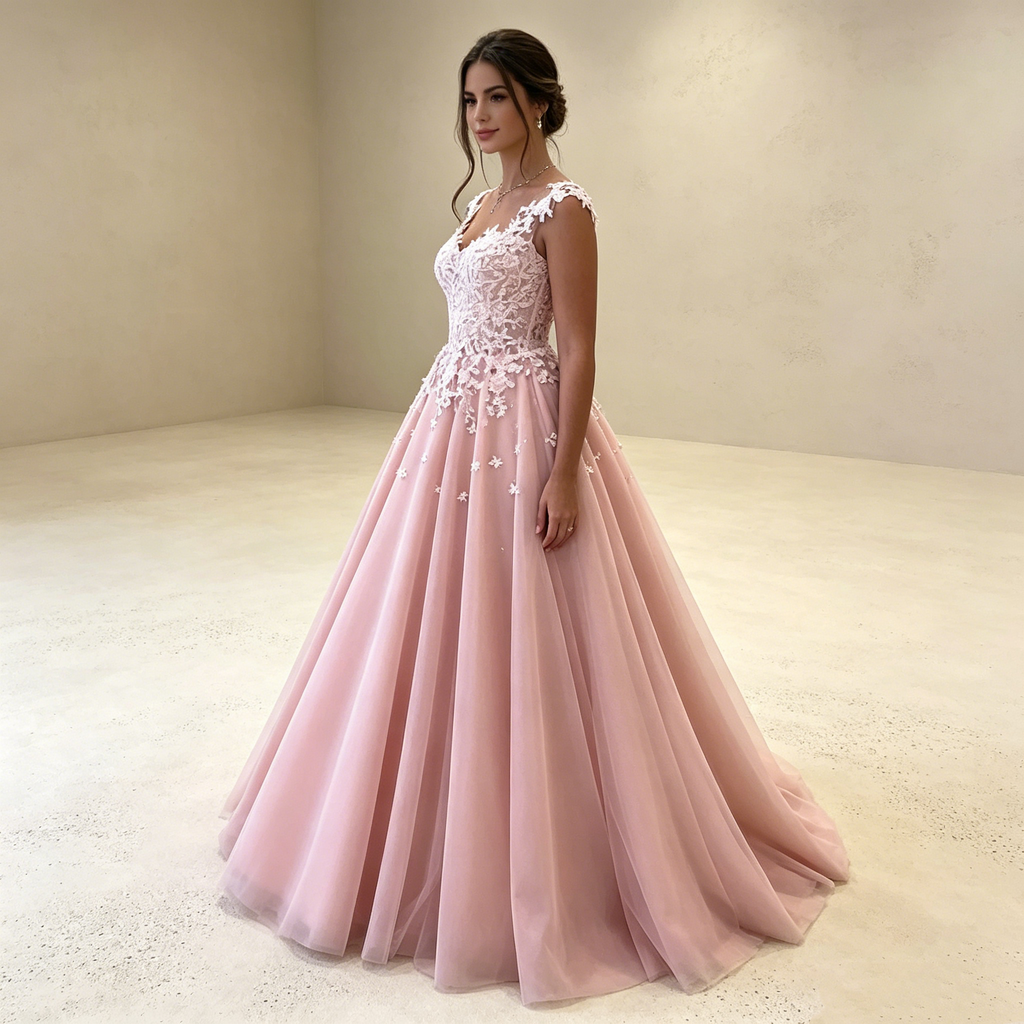 Abendkleid in Altrosa mit floralen Spitzen-Applikationen und Tüllrock