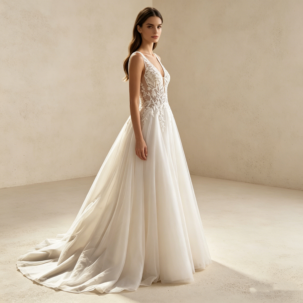 Elegantes Abendkleid mit V-Ausschnitt und Stickerei – Bodenlanges A-Linien Maxikleid aus Tüll in Elfenbein