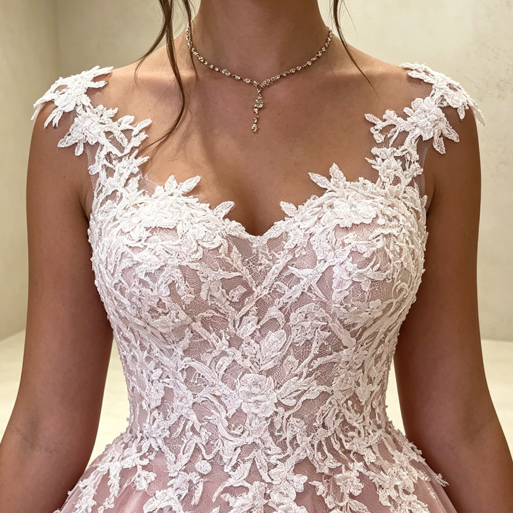 Abendkleid in Altrosa mit floralen Spitzen-Applikationen und Tüllrock