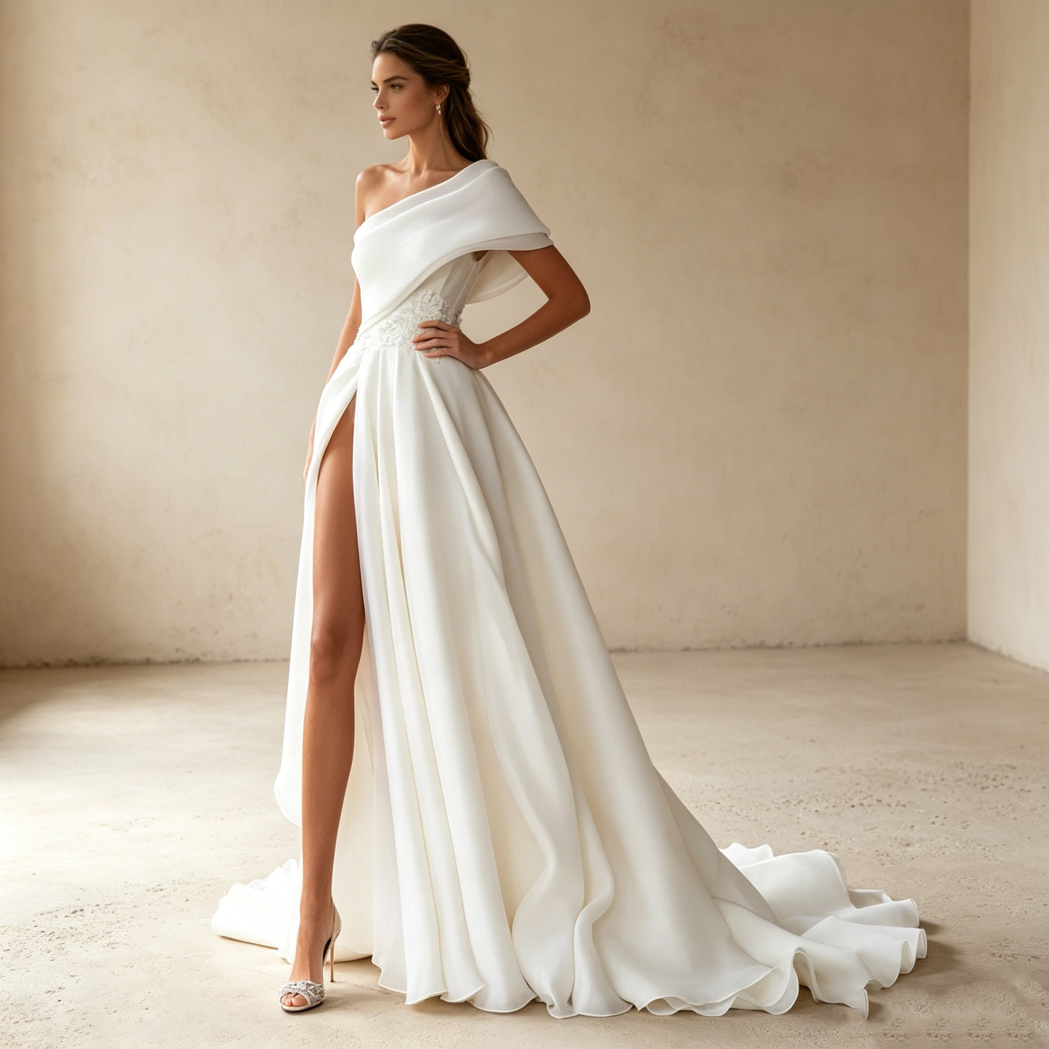 Moderne Göttin in Weiß: Elegante One-Shoulder-Robe aus Organza mit filigraner Spitze und feiner Schleppe.
