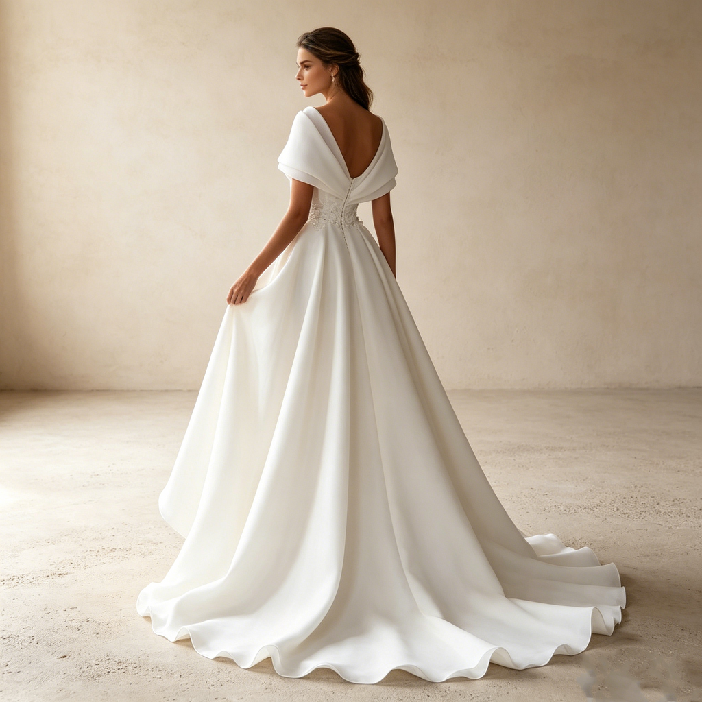 Moderne Göttin in Weiß: Elegante One-Shoulder-Robe aus Organza mit filigraner Spitze und feiner Schleppe.