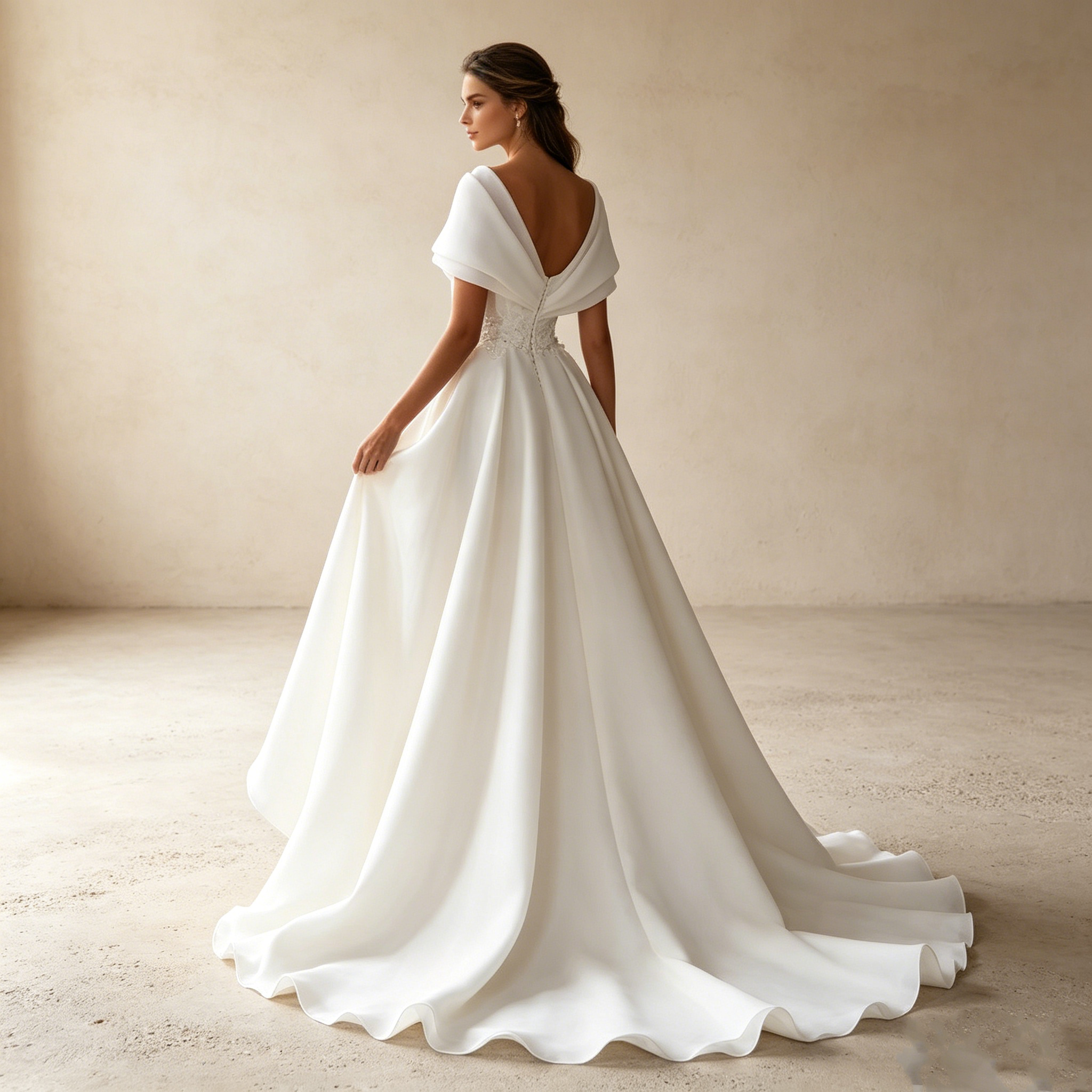 Moderne Göttin in Weiß: Elegante One-Shoulder-Robe aus Organza mit filigraner Spitze und feiner Schleppe.