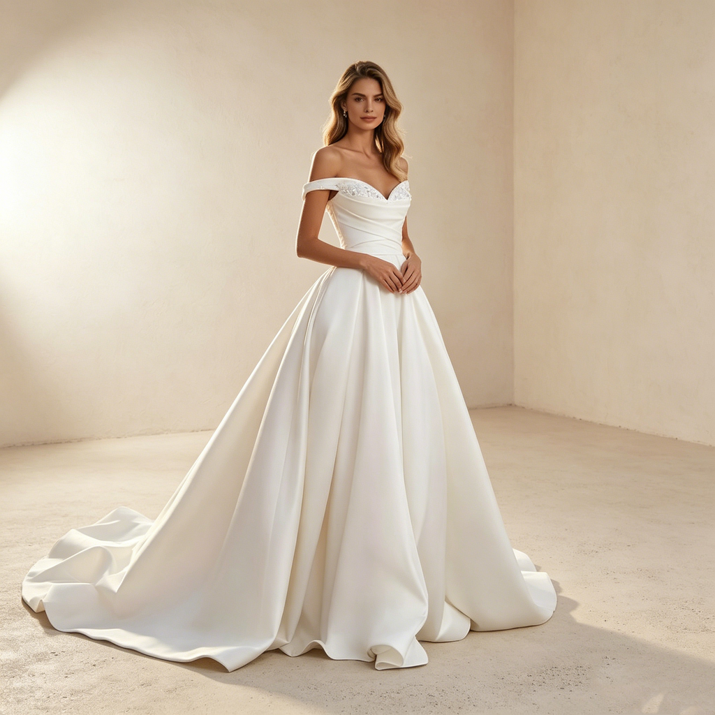 Edle A Linie aus schwerem Satin mit subtiler Lichtreflexion durch feinste Glitzer Elemente