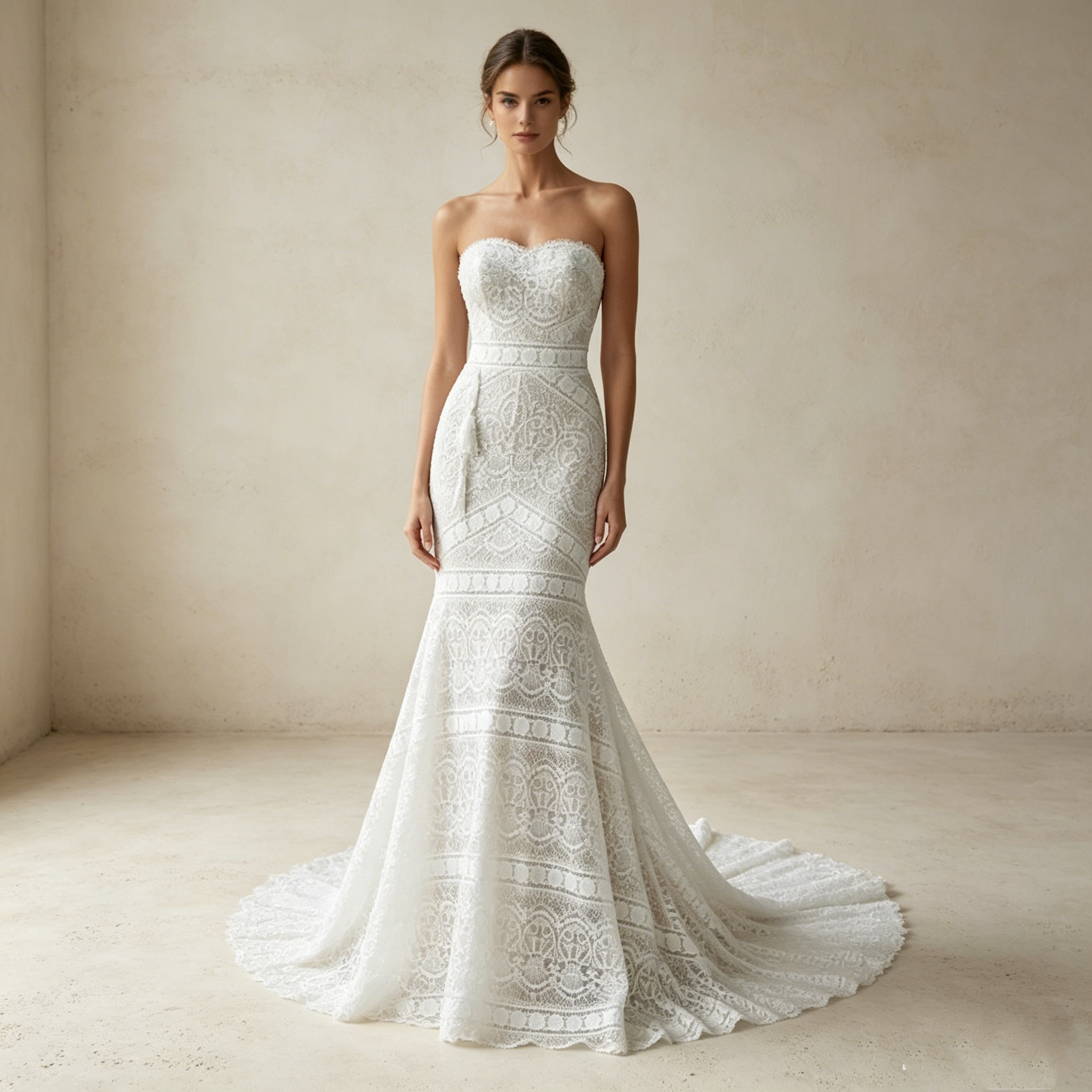 Nostalgischer Glamour: Weißes Mermaid-Kleid aus Spitze mit verspielten Fransen für den perfekten Vintage-Loo
