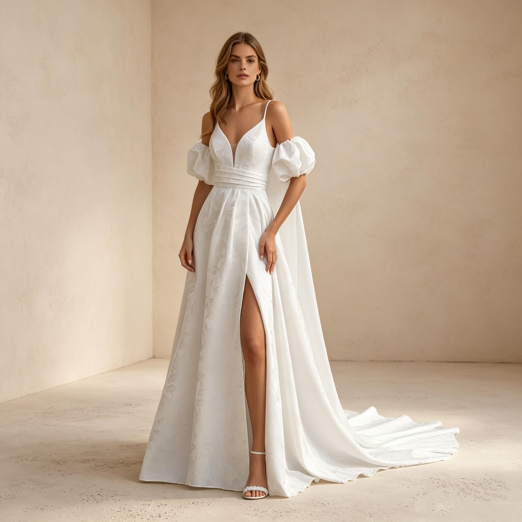 Elegantes Abendkleid mit Puffärmeln, Spaghettiträgern und Beinschlitz | Maßanfertigung
