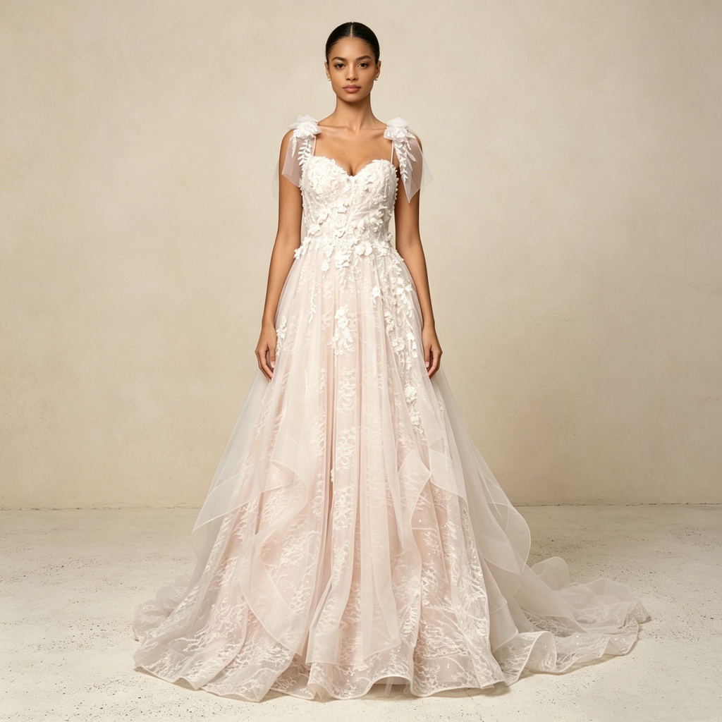 Elegantes Abendkleid mit Tüllschleifen-Trägern und 3D-Blumenstickerei