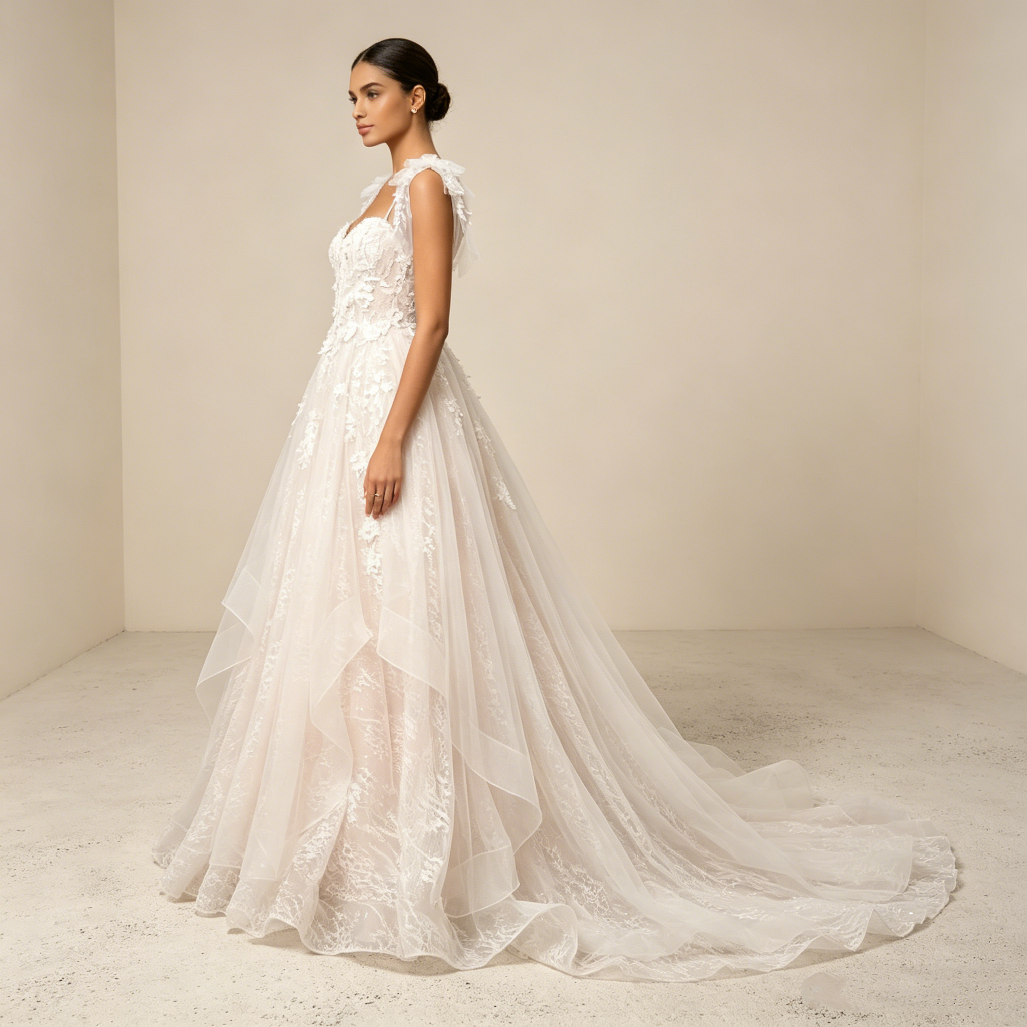Elegantes Abendkleid mit Tüllschleifen-Trägern und 3D-Blumenstickerei