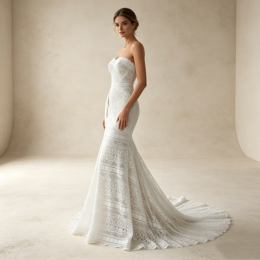 Nostalgischer Glamour: Weißes Mermaid-Kleid aus Spitze mit verspielten Fransen für den perfekten Vintage-Loo