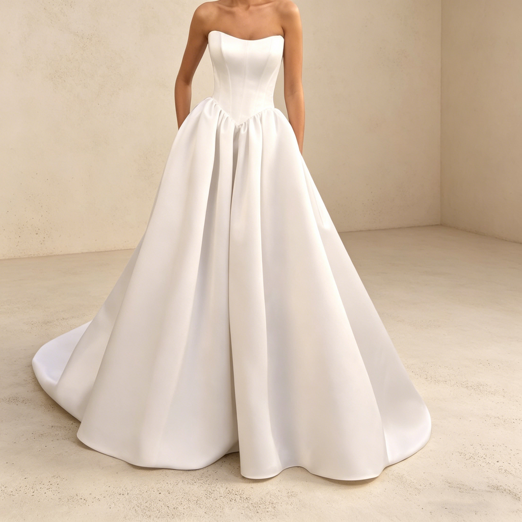 Elegantes trägerloses Satin-Ballkleid mit Korsage – Bodenlanges Maxikleid in Reinweiß für exklusive Events