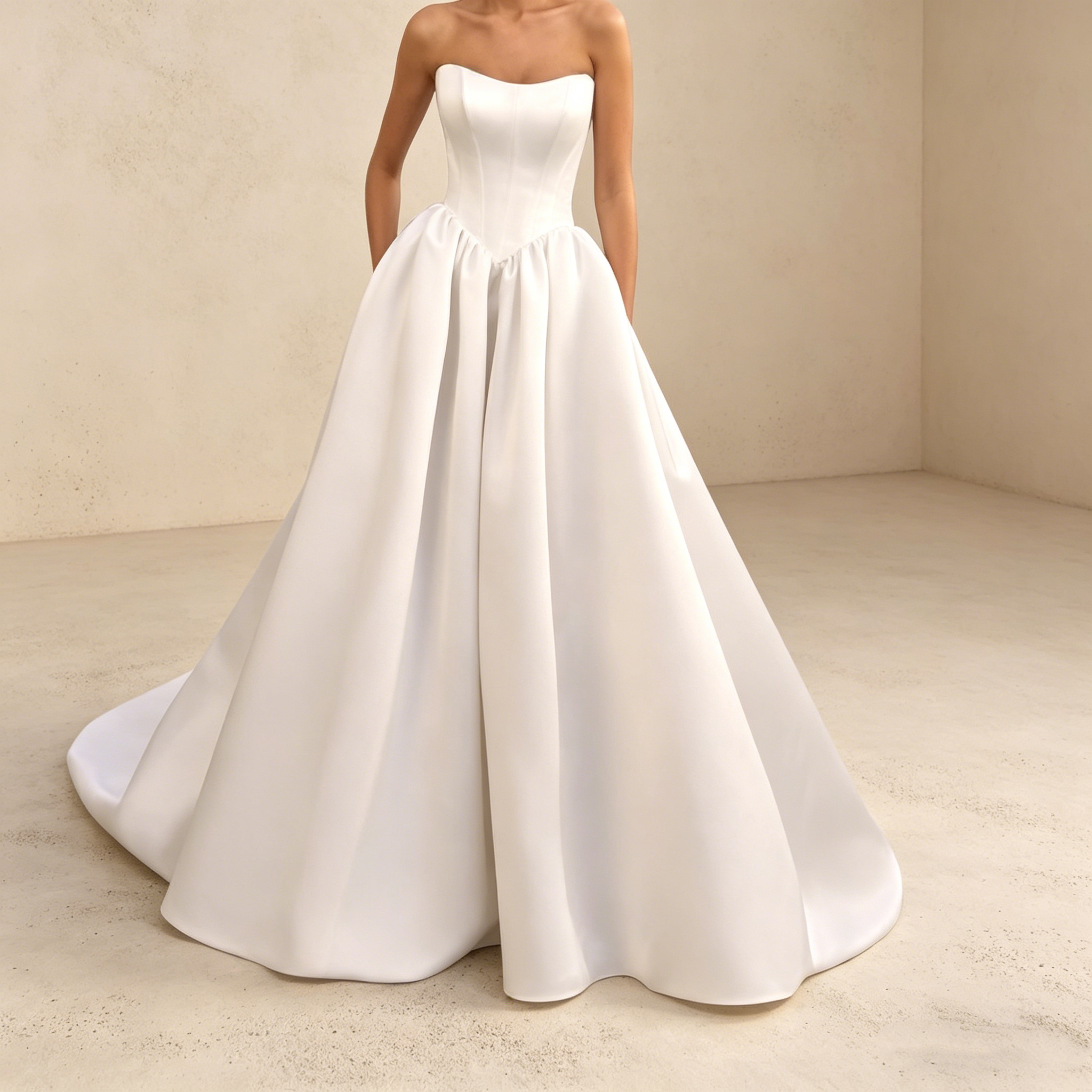 Elegantes trägerloses Satin-Ballkleid mit Korsage – Bodenlanges Maxikleid in Reinweiß für exklusive Events