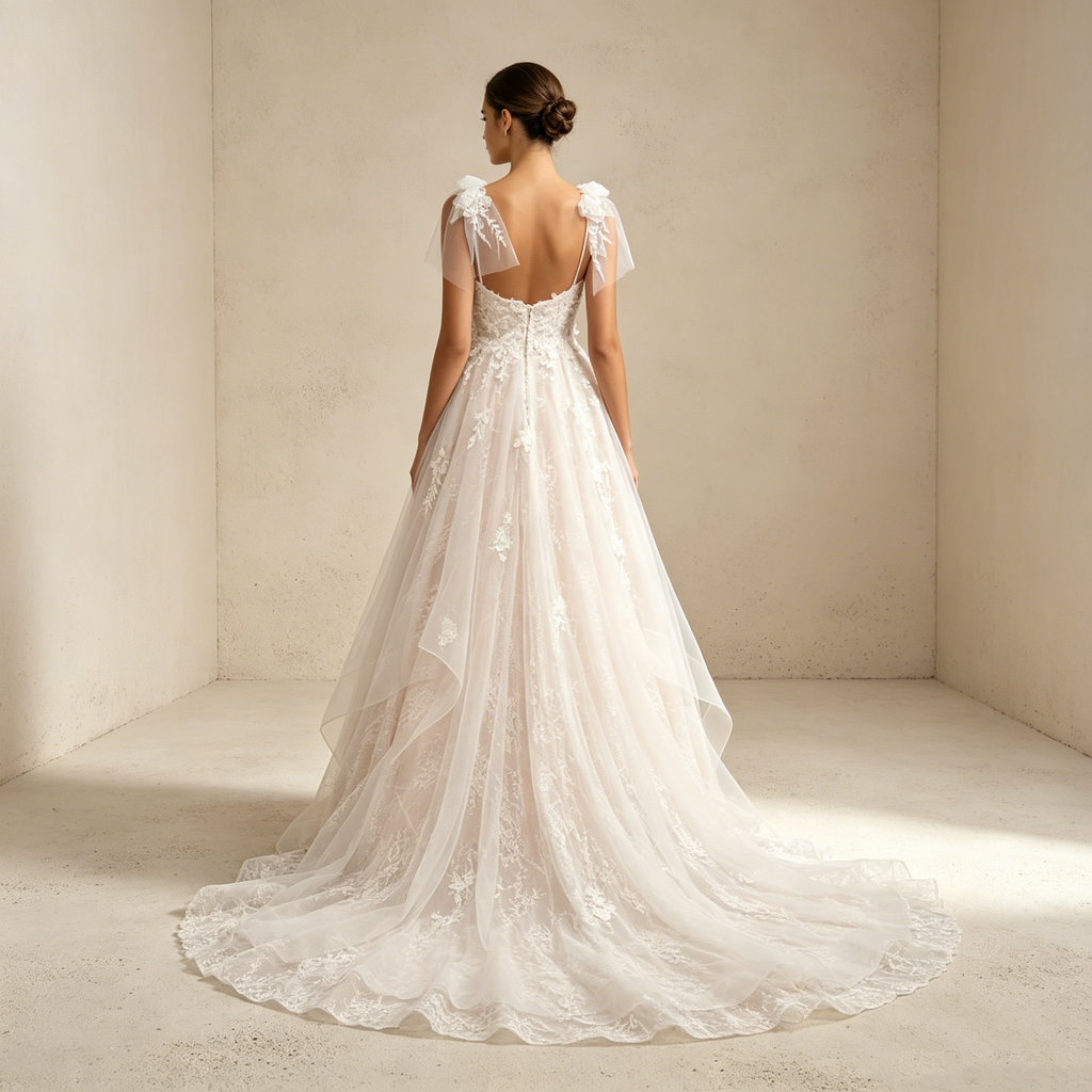 Elegantes Abendkleid mit Tüllschleifen-Trägern und 3D-Blumenstickerei
