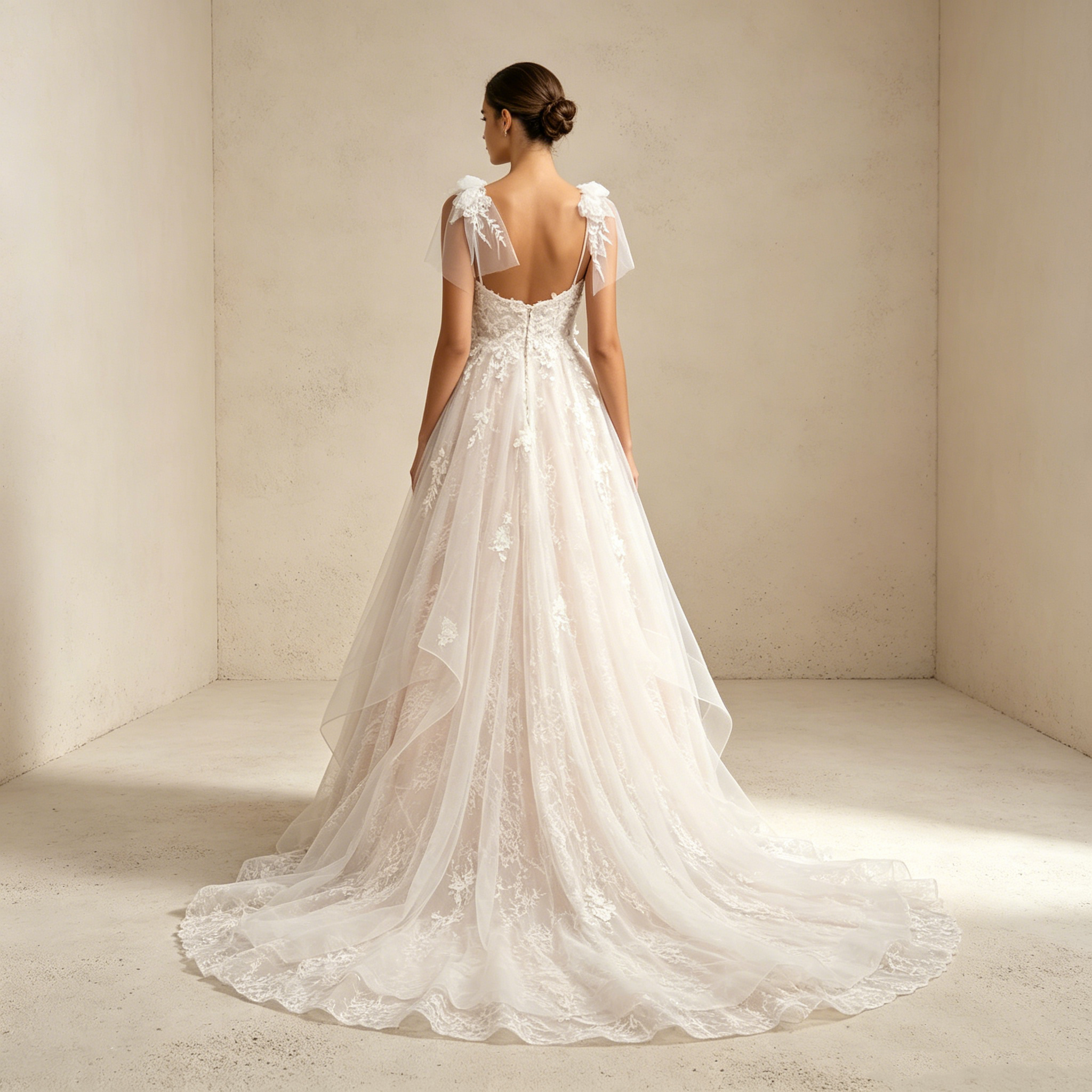 Elegantes Abendkleid mit Tüllschleifen-Trägern und 3D-Blumenstickerei