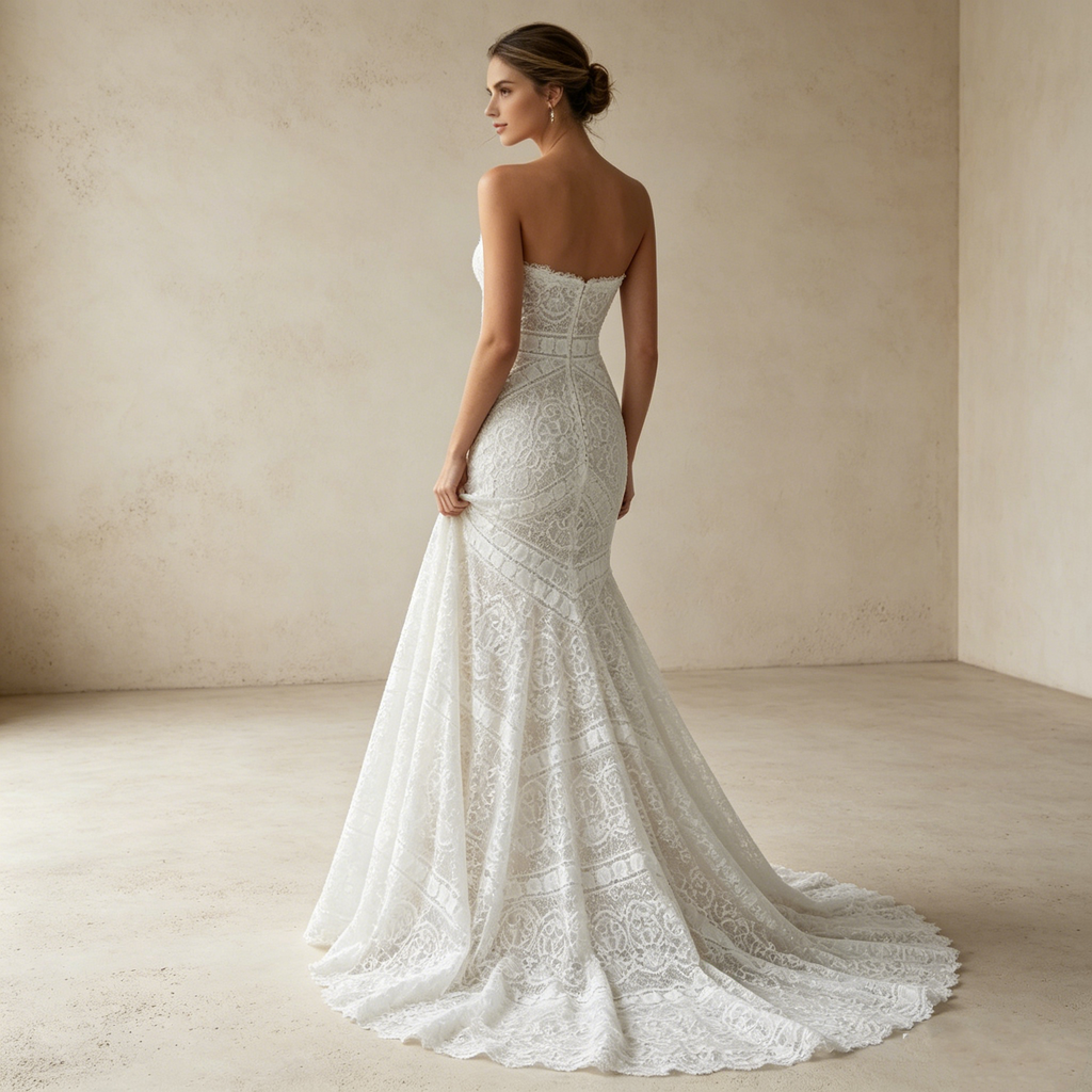 Nostalgischer Glamour: Weißes Mermaid-Kleid aus Spitze mit verspielten Fransen für den perfekten Vintage-Loo