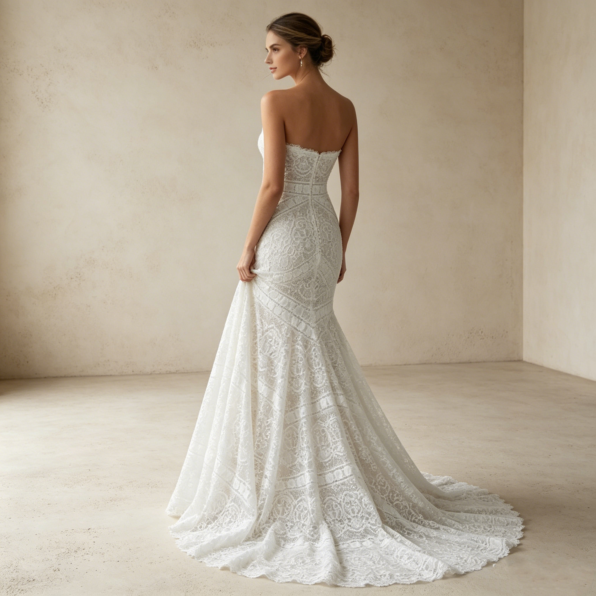 Nostalgischer Glamour: Weißes Mermaid-Kleid aus Spitze mit verspielten Fransen für den perfekten Vintage-Loo