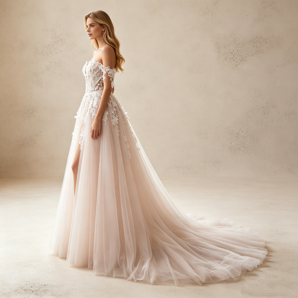 Abendkleid in Champagner mit Spitzen-Applikationen und hohem Beinschlitz