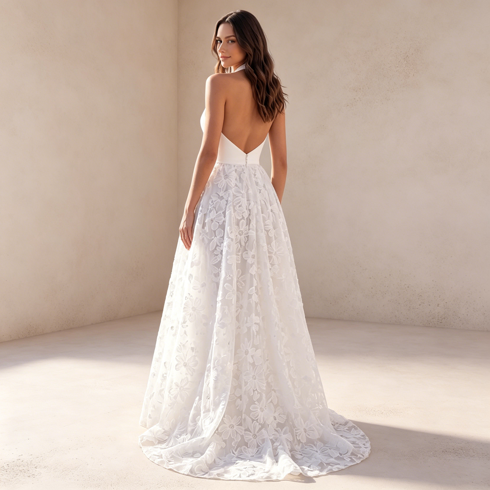 Elegantes Halterneck Abendkleid mit V-Ausschnitt – A-Linie Maxikleid mit Blumenstickerei