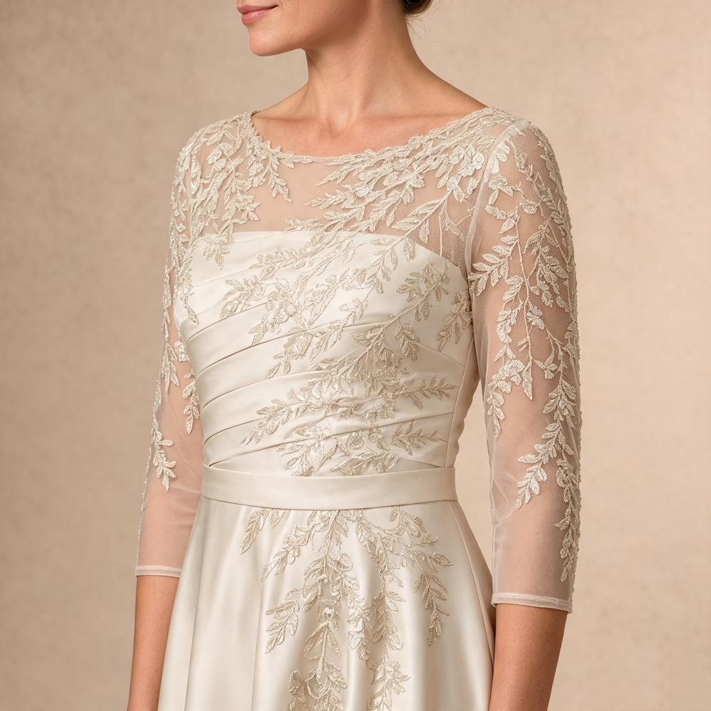 Eleganter 3/4-Arm Spitzenbesetzter Satin Abendkleid mit asymmetrischem Saum für formelle Anlässe