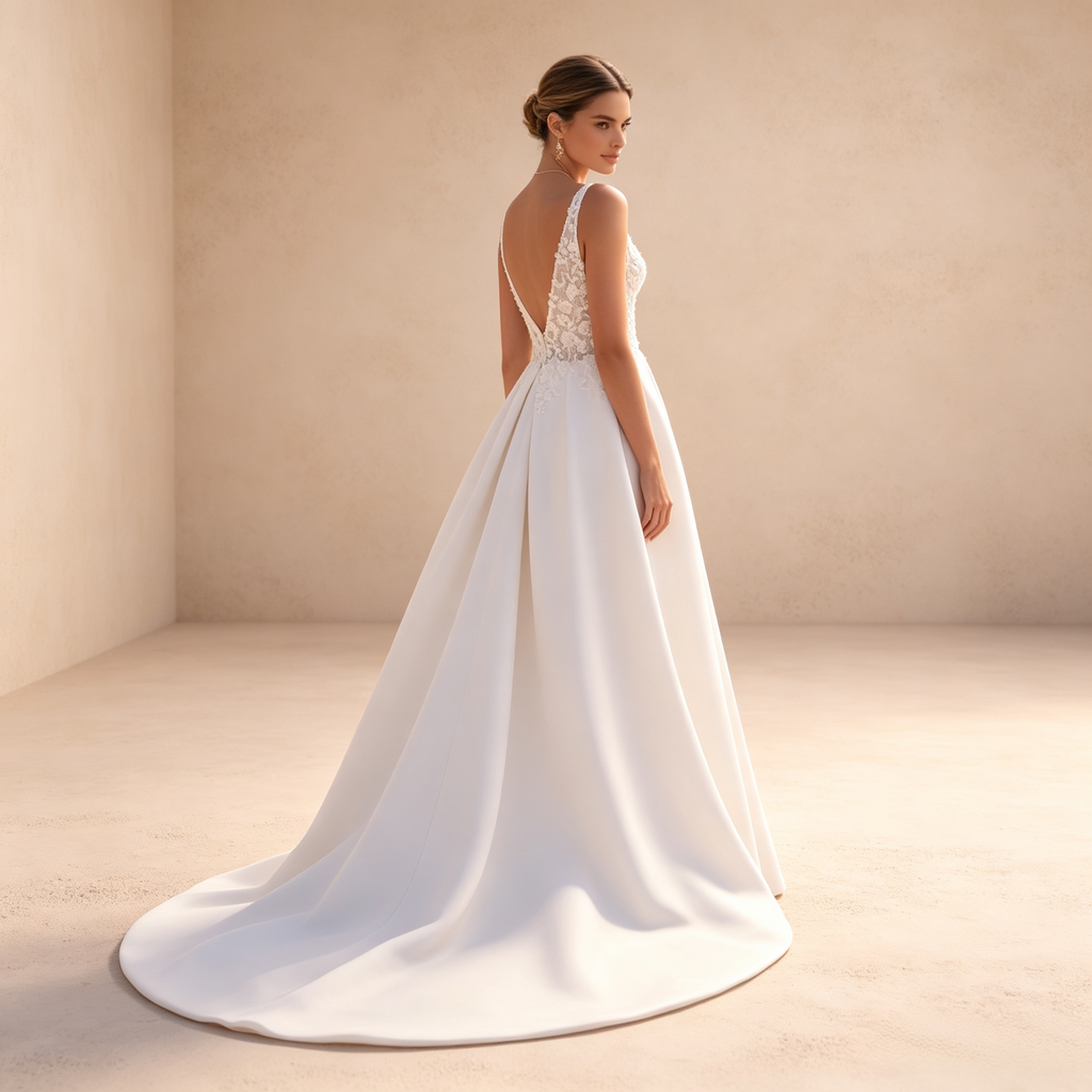 Bodenlanges Abendkleid in Elfenbein mit Spitzenoberteil, V-Ausschnitt, hohem Beinschlitz und A-Linie
