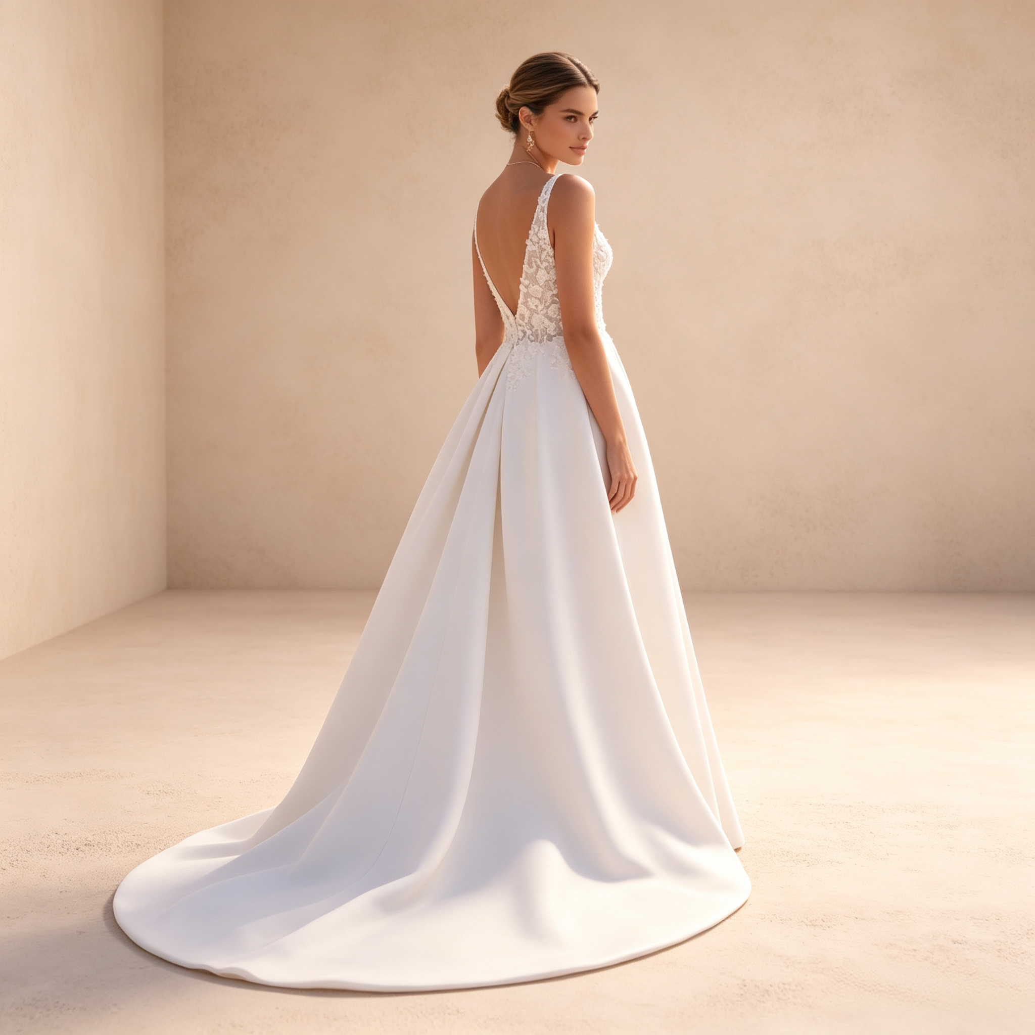 Bodenlanges Abendkleid in Elfenbein mit Spitzenoberteil, V-Ausschnitt, hohem Beinschlitz und A-Linie