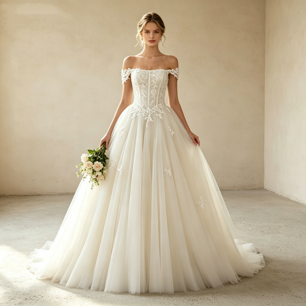 A-Linie Abendkleid Schulterfrei mit Applikationen Elegantes Prinzessin Ballkleid Tüll Maxikleid - Elfenbein