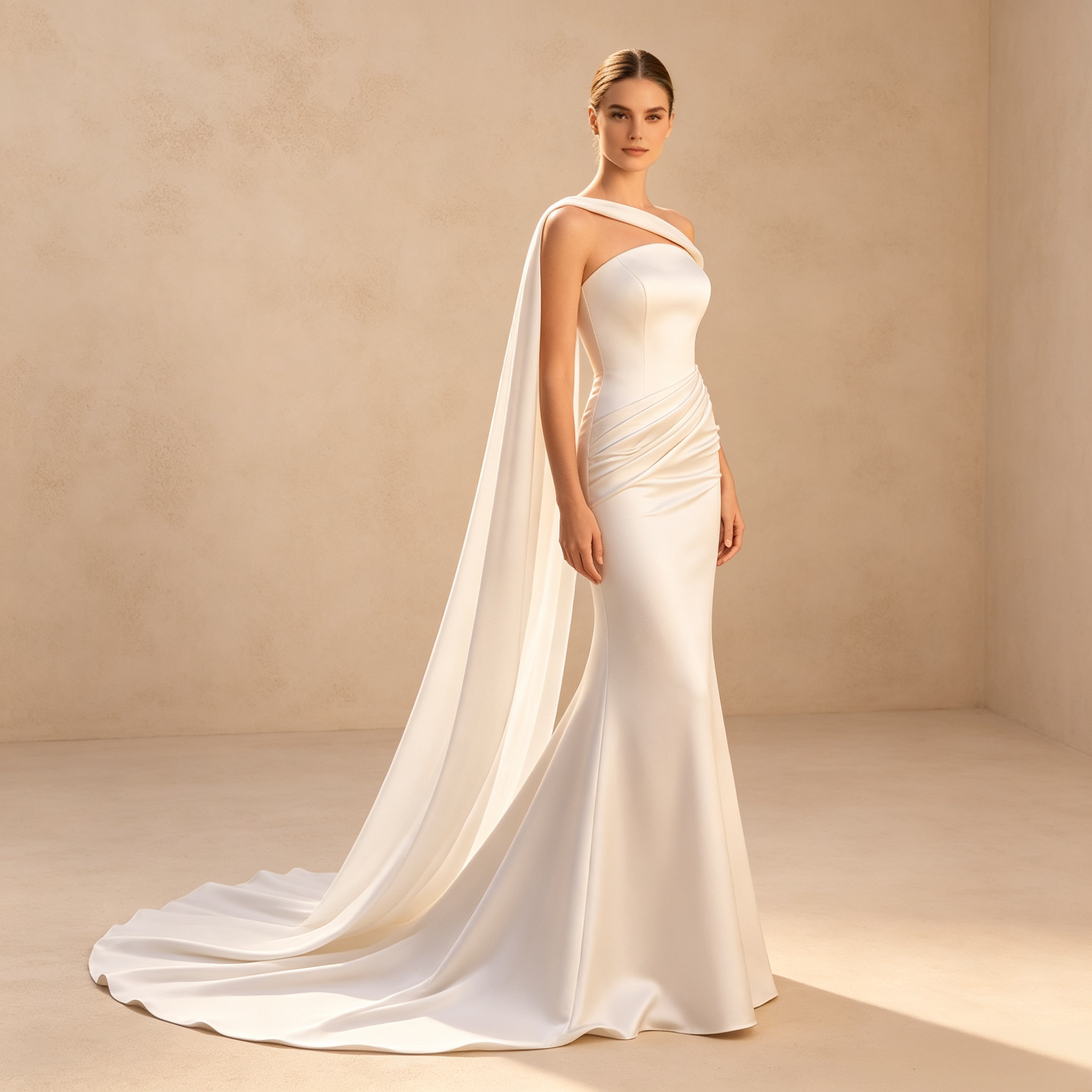 Trägerloses bodenlanges Abendkleid aus Satin in Elfenbein mit drapierter Taille und Meerjungfrau-Silhouette