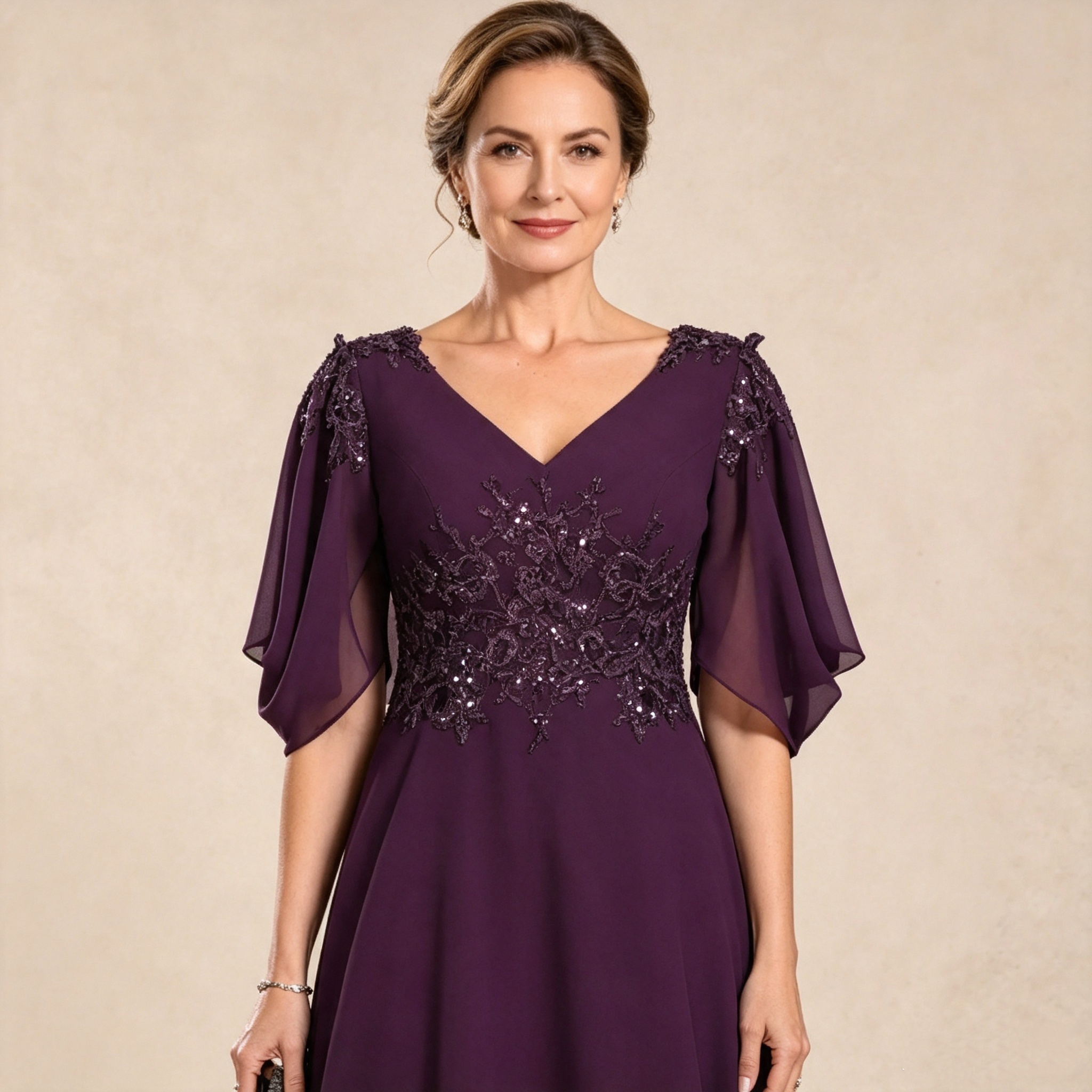 Elegantes bodenlanges Festkleid mit V-Ausschnitt und verzierten Flügelärmeln