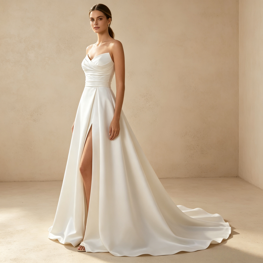 Elegantes trägerloses Satin-Kleid im A-Linien-Schnitt mit hohem Beinschlitz