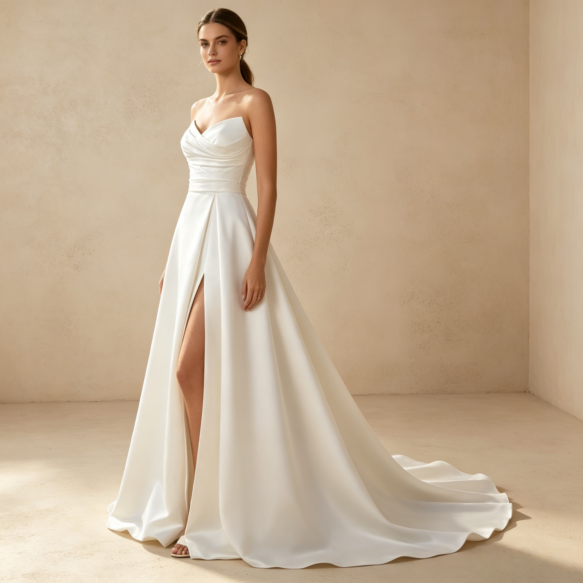 Elegantes trägerloses Satin-Kleid im A-Linien-Schnitt mit hohem Beinschlitz