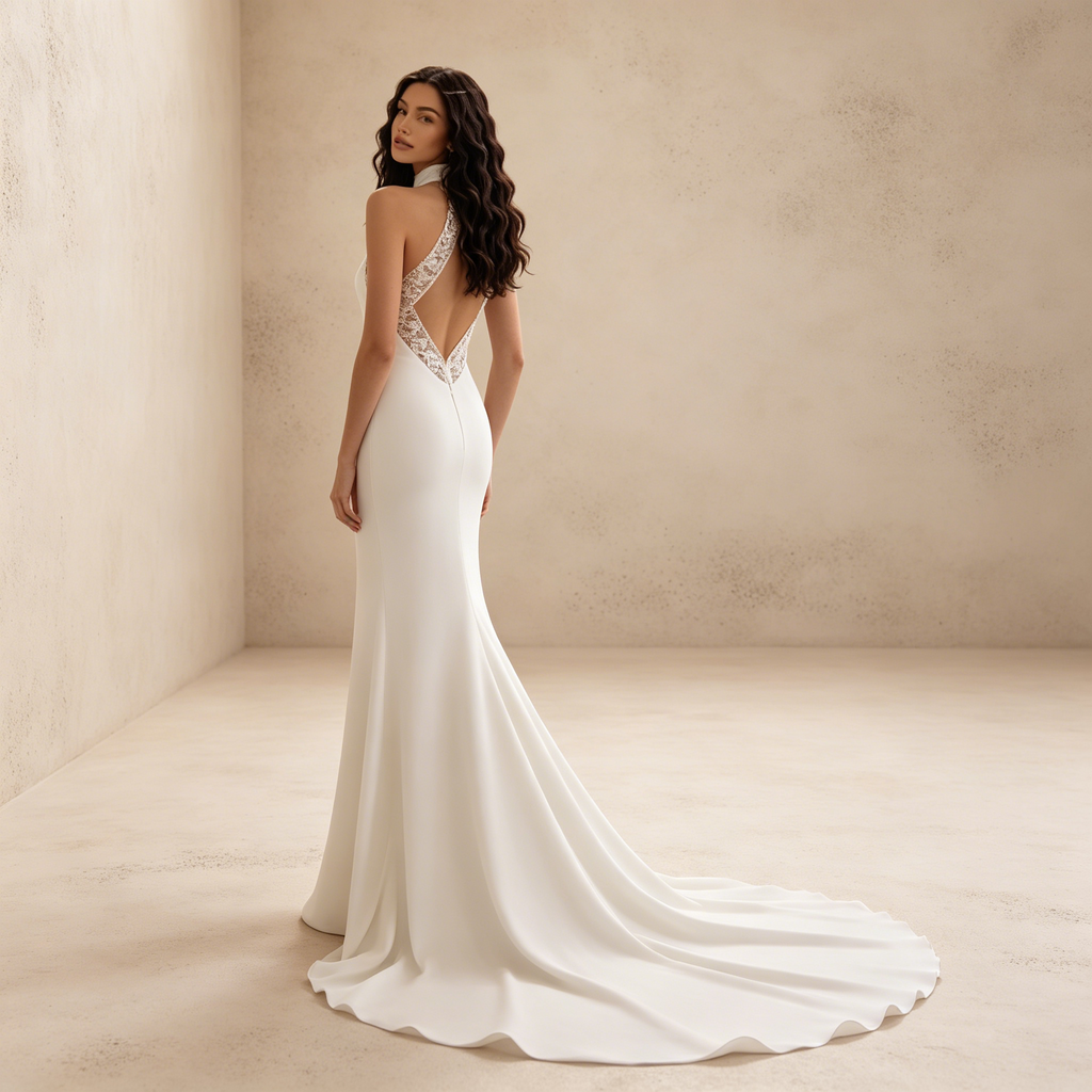 Elegantes Halterneck Maxikleid in Weiß – Figurbetontes langes Abendkleid mit Spitzendetails