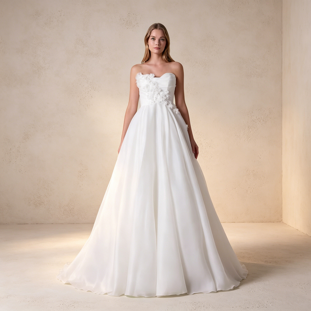 A-Linie Abendkleid mit 3D-Blumen | Elegantes Trägerloses Maxikleid aus Tüll