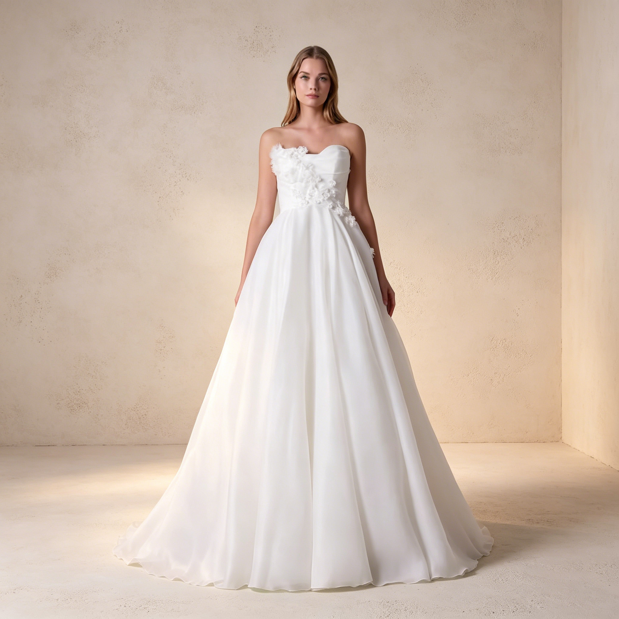 A-Linie Abendkleid mit 3D-Blumen | Elegantes Trägerloses Maxikleid aus Tüll
