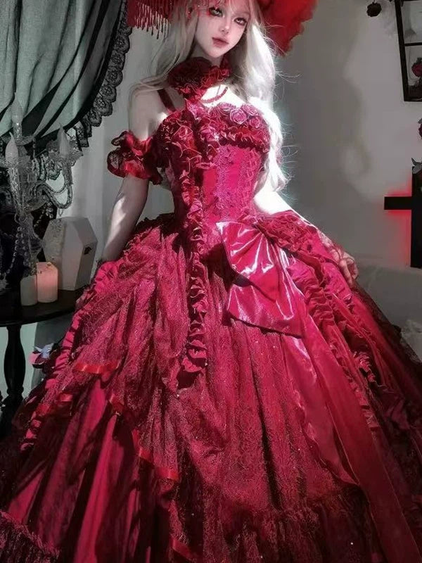 Hime Lolita Ballkleid Rotwein Lang Ärmellos OP Hochzeit für Teeparty 34-44