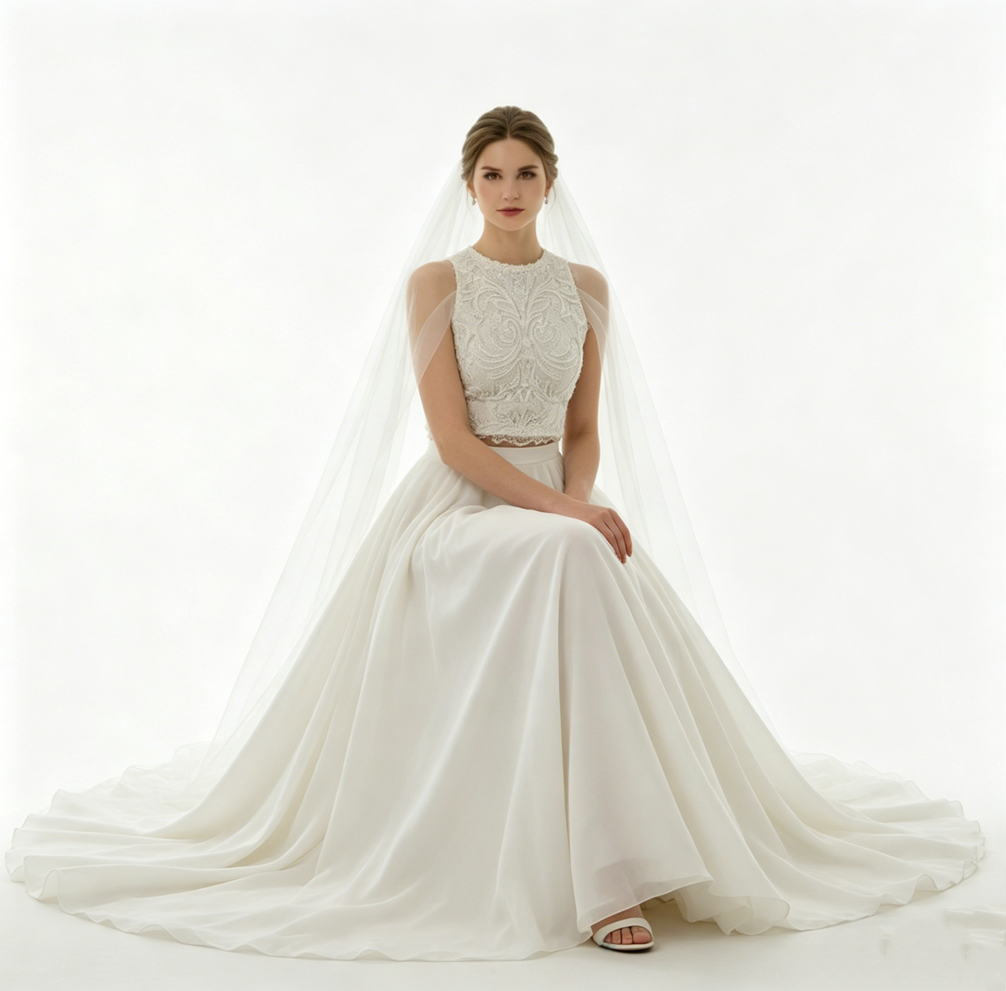 Zweiteiliges weißes Abendkleid mit besticktem Top und fließendem Maxirock, elegantes Set für festliche Anlässe