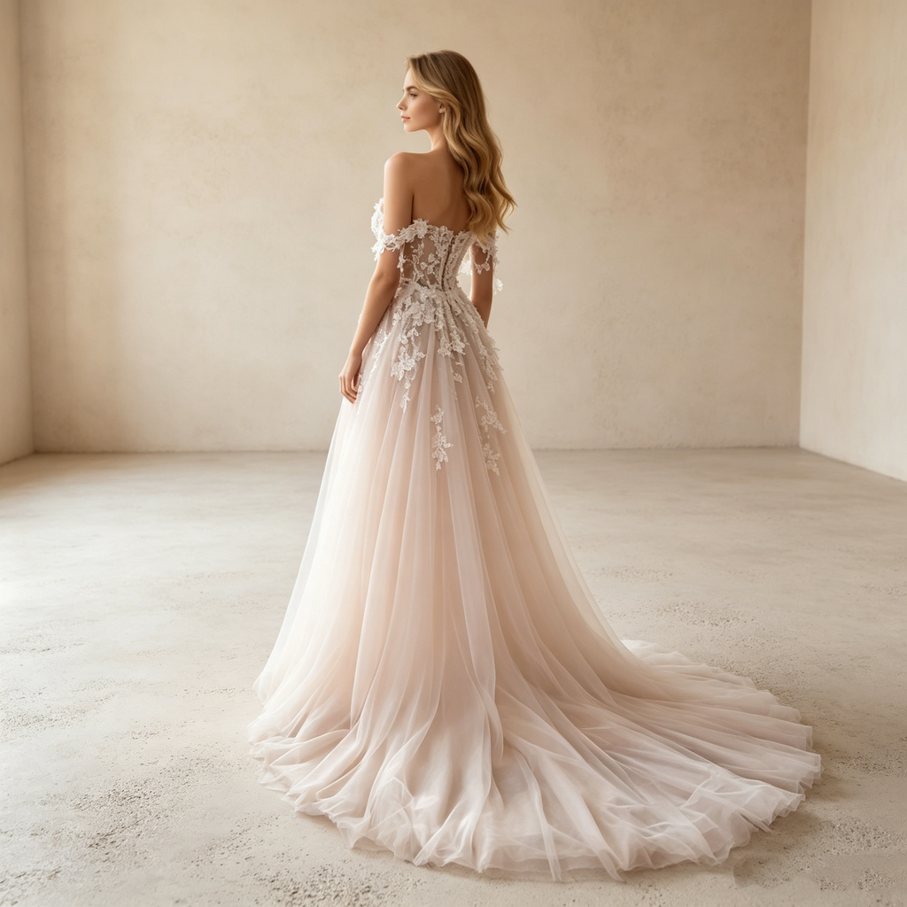 Abendkleid in Champagner mit Spitzen-Applikationen und hohem Beinschlitz
