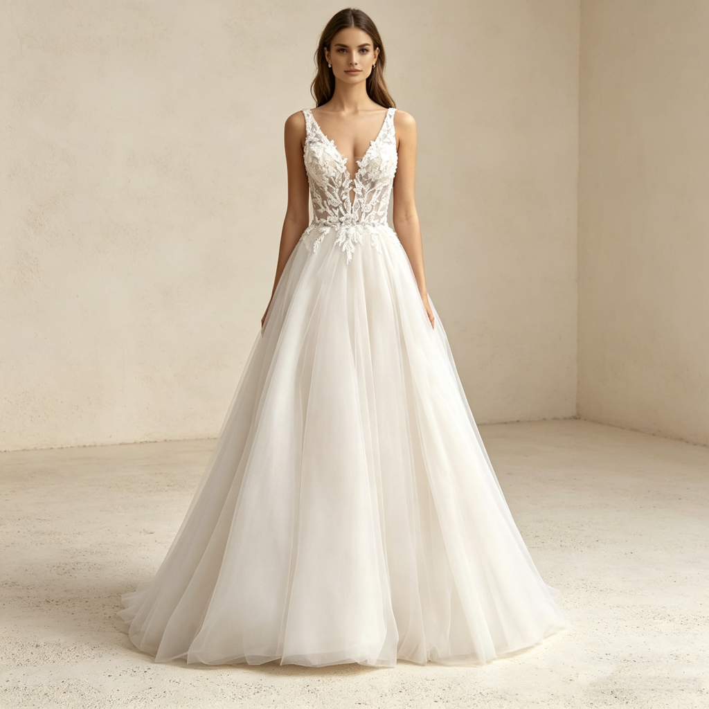 Elegantes A-Linien Abendkleid mit Spitzen-Applikationen – Bodenlanges Maxikleid mit tiefem V-Ausschnitt und Tüllrock