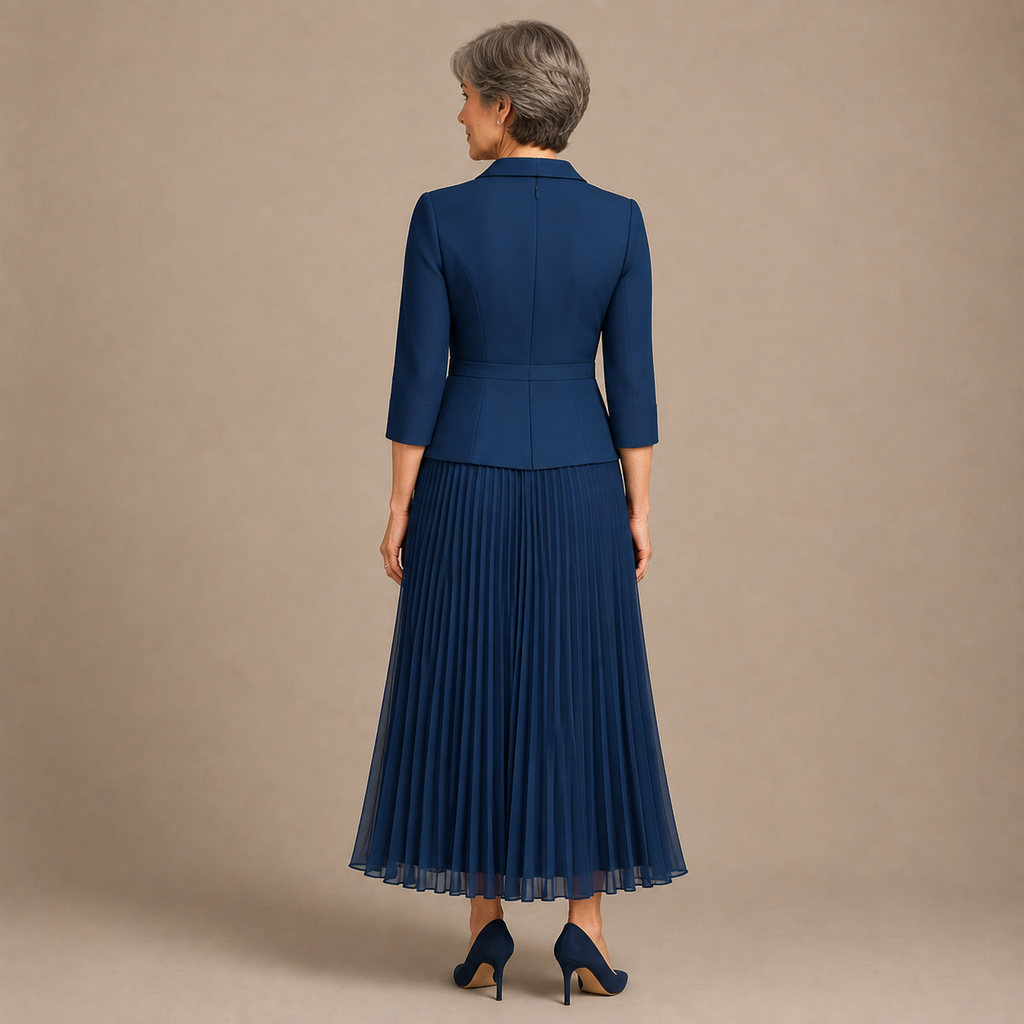 Elegantes Maxi Festkleid für Damen, 3/4 Ärmel, Blazer‑Kragen, plissierter Rock für Gala‑Abende und formelle Events