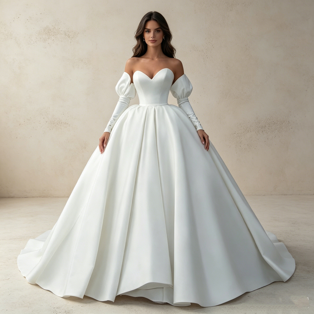 Aristokratischer Luxus: Voluminöse Satin-Ballrobe in Reinweiß mit skulpturalem Glanz und purer Eleganz
