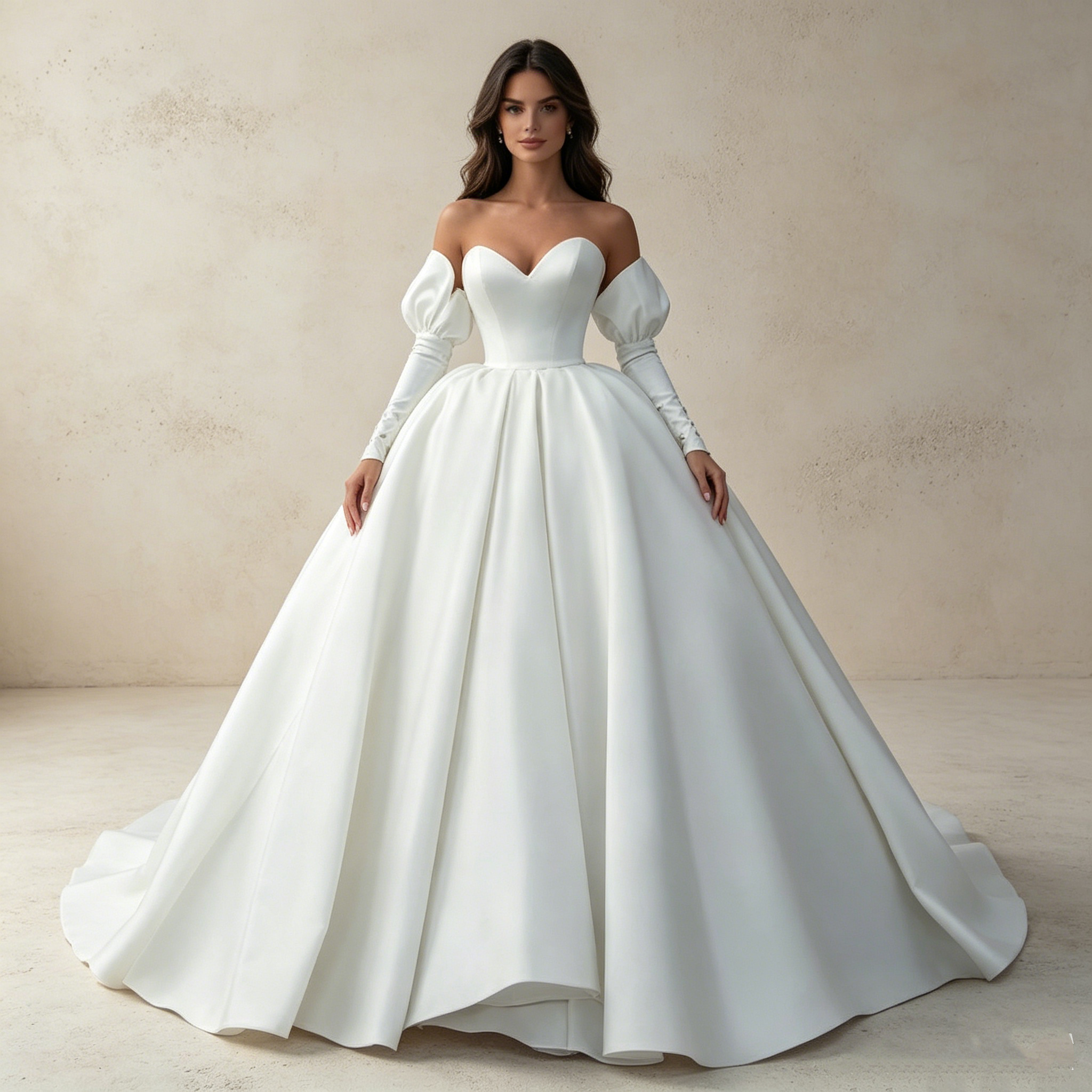 Aristokratischer Luxus: Voluminöse Satin-Ballrobe in Reinweiß mit skulpturalem Glanz und purer Eleganz