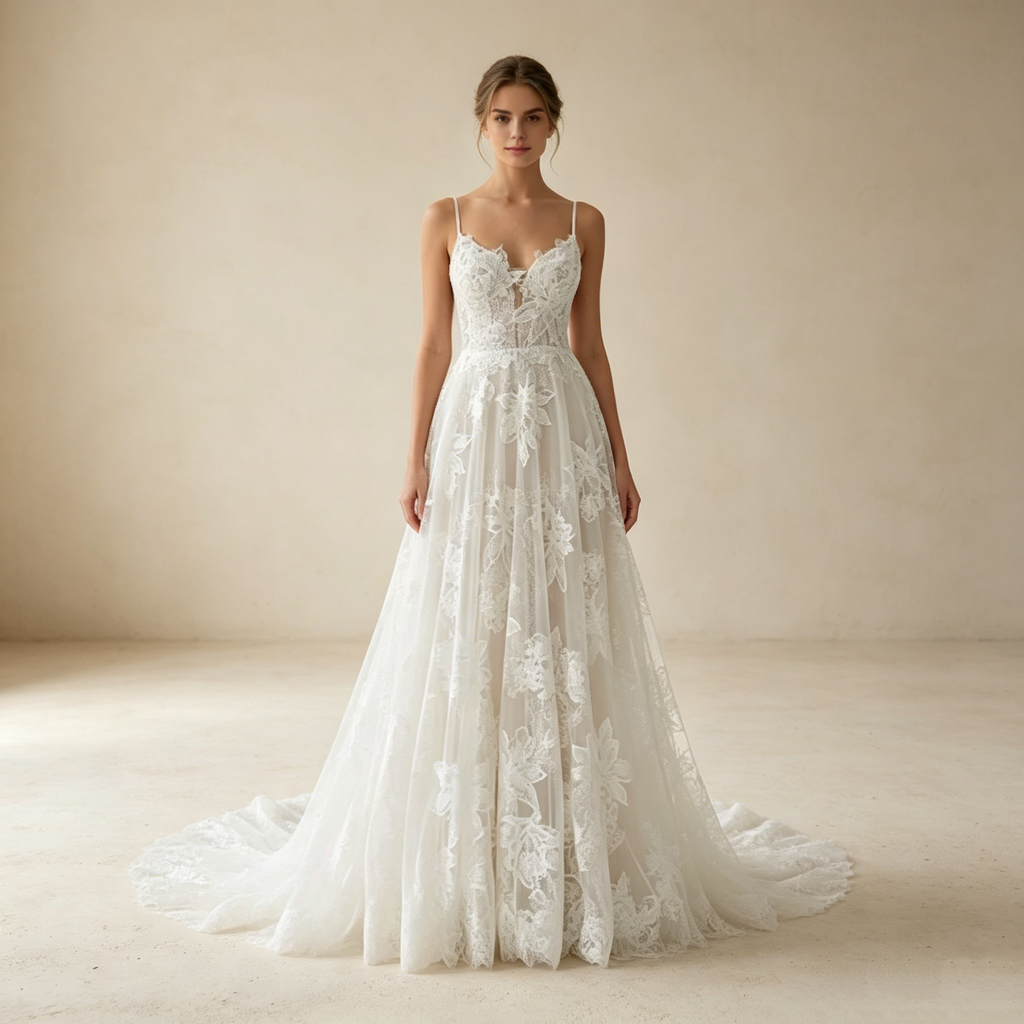 Weißer Boho-Traum: Fließendes A-Linien-Kleid mit romantischen Spitzen-Applikationen für natürliche Eleganz