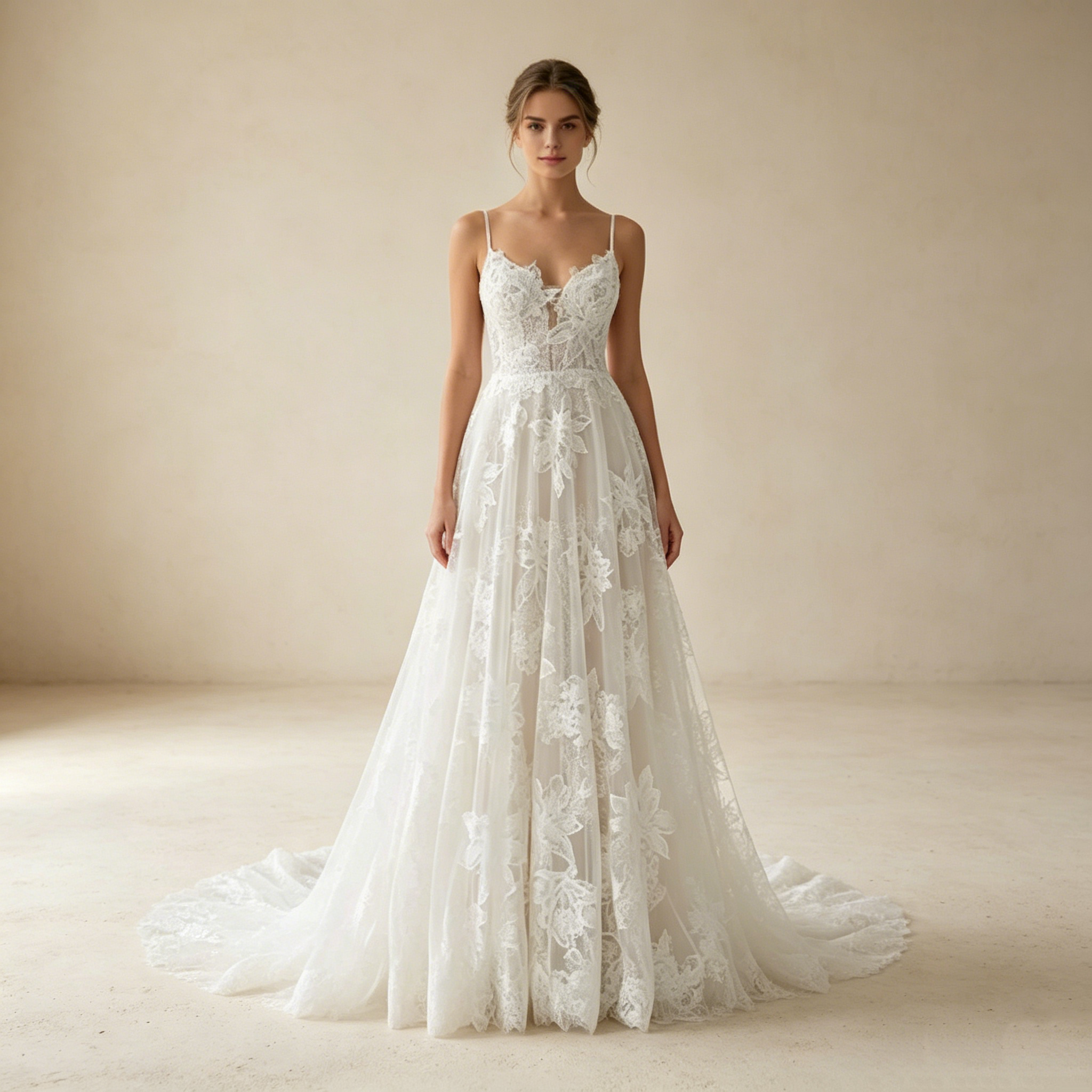 Weißer Boho-Traum: Fließendes A-Linien-Kleid mit romantischen Spitzen-Applikationen für natürliche Eleganz