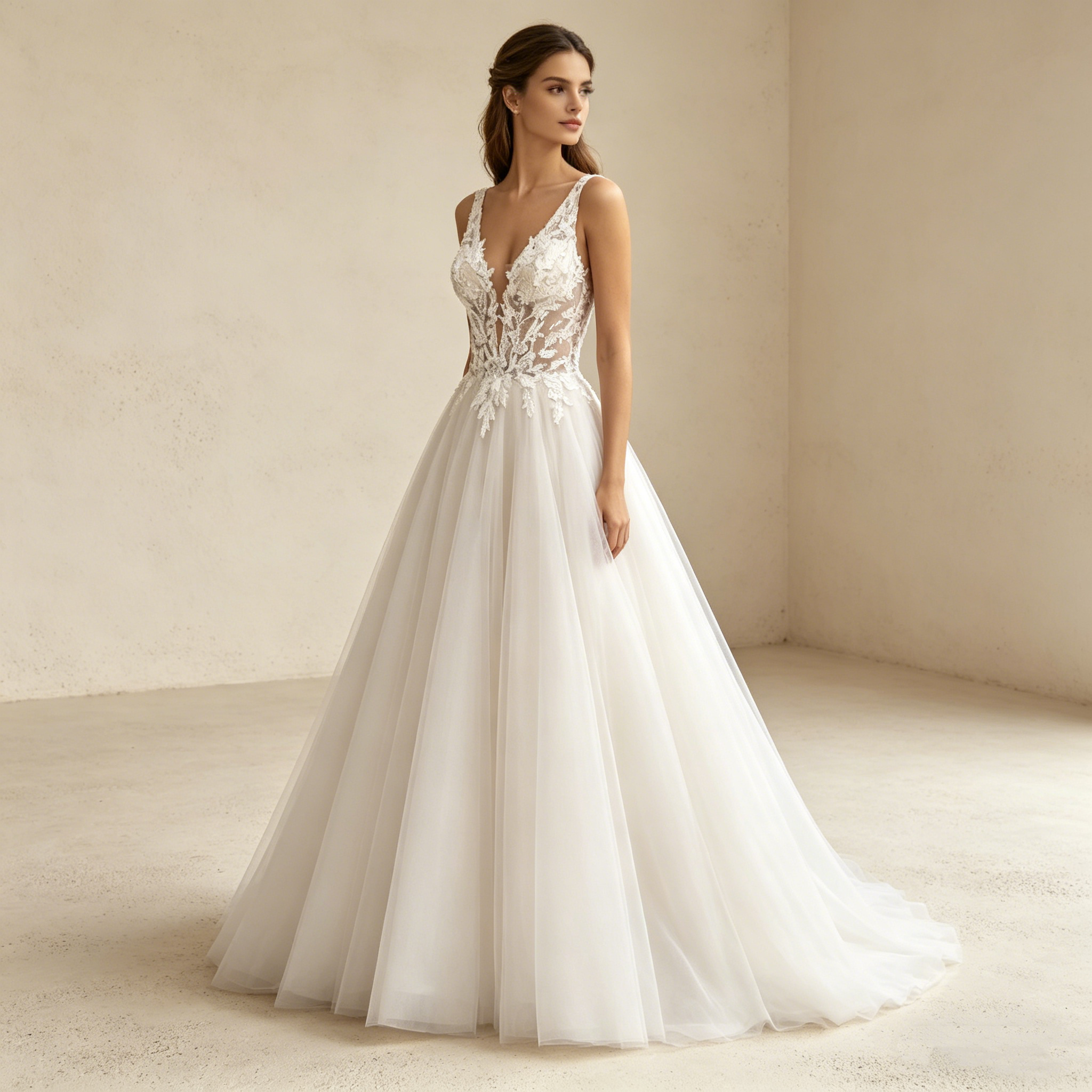 Elegantes A-Linien Abendkleid mit Spitzen-Applikationen – Bodenlanges Maxikleid mit tiefem V-Ausschnitt und Tüllrock